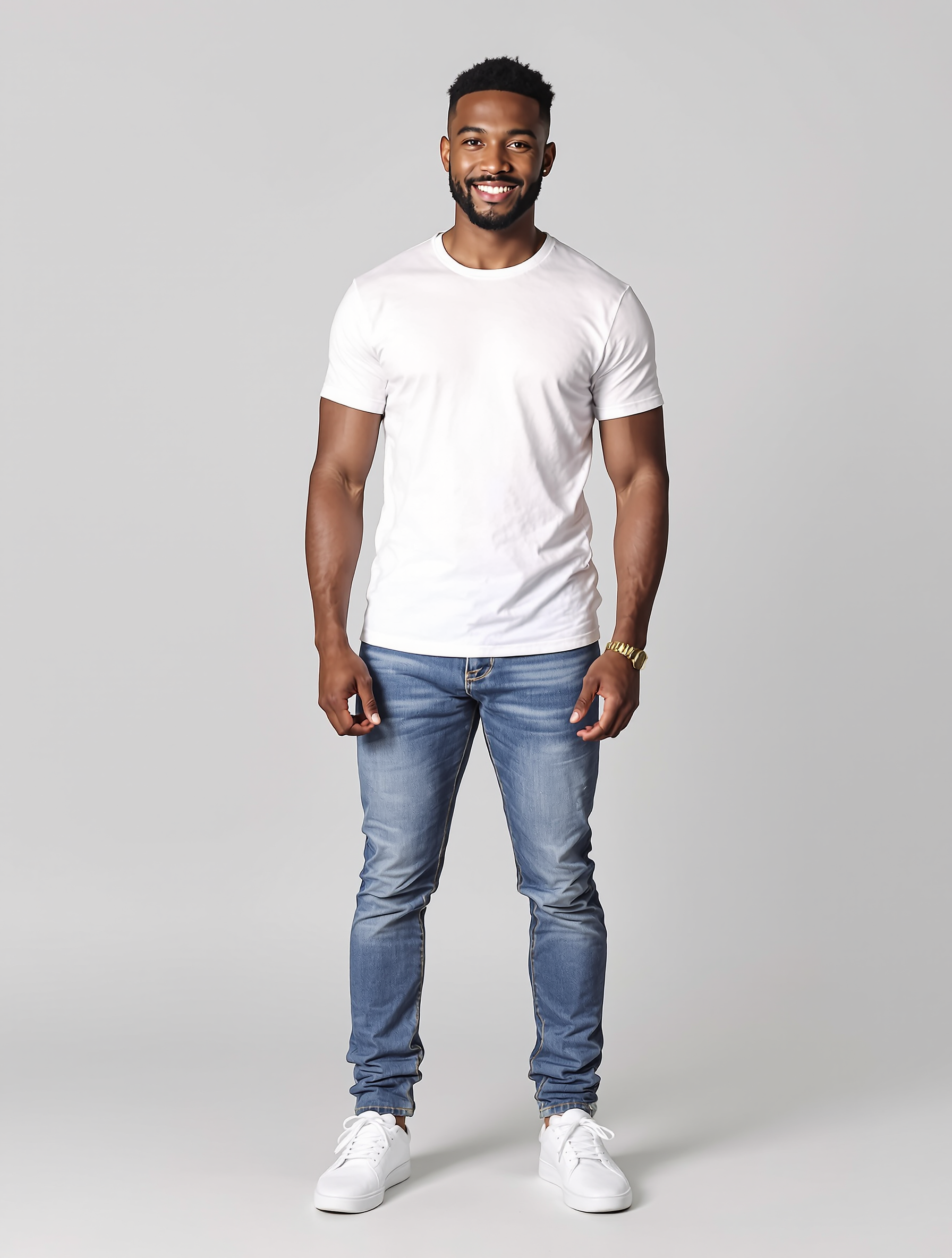 Man in white t-shirt and blue jeans smiling at camera