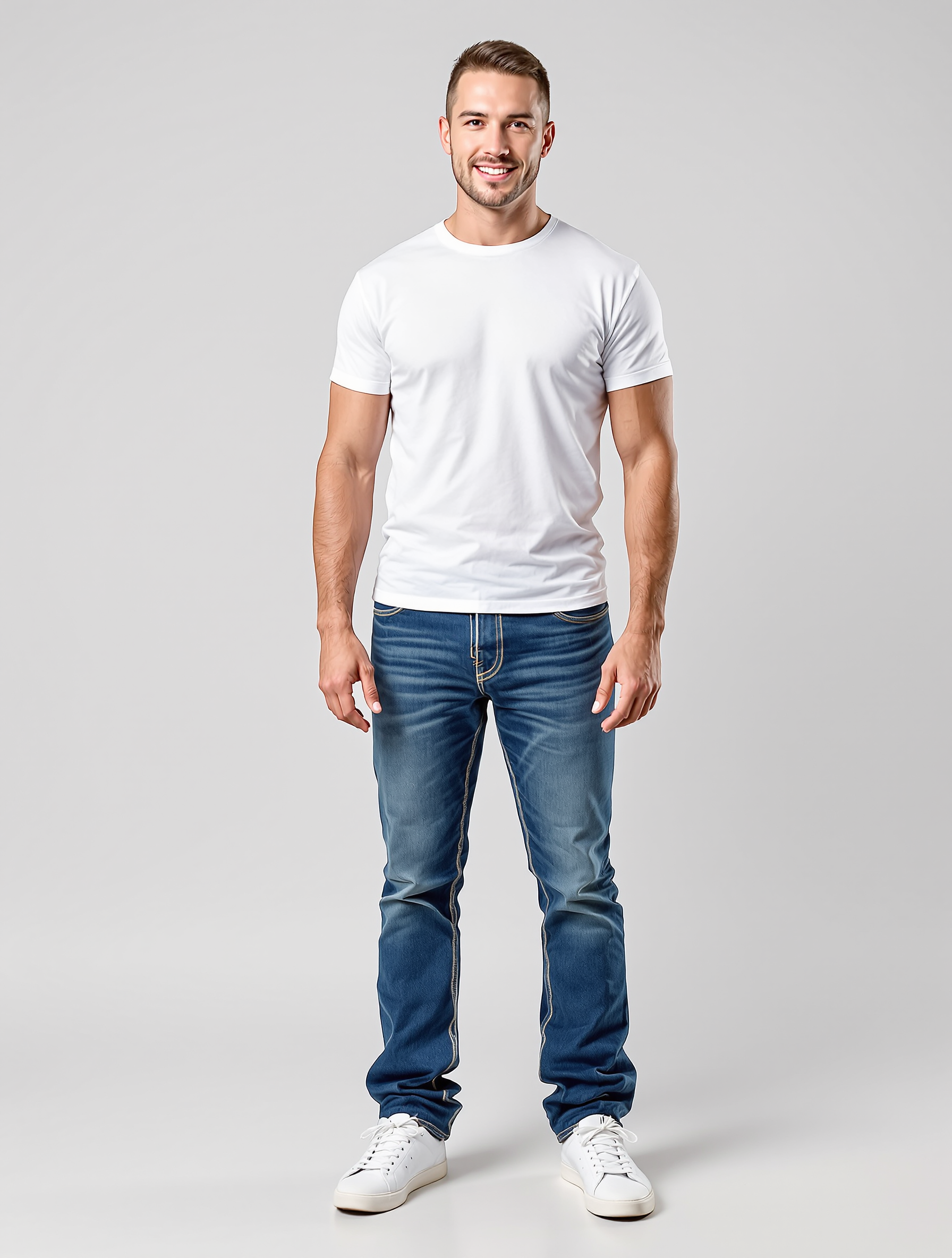 Man in white t-shirt and blue jeans standing against gray background