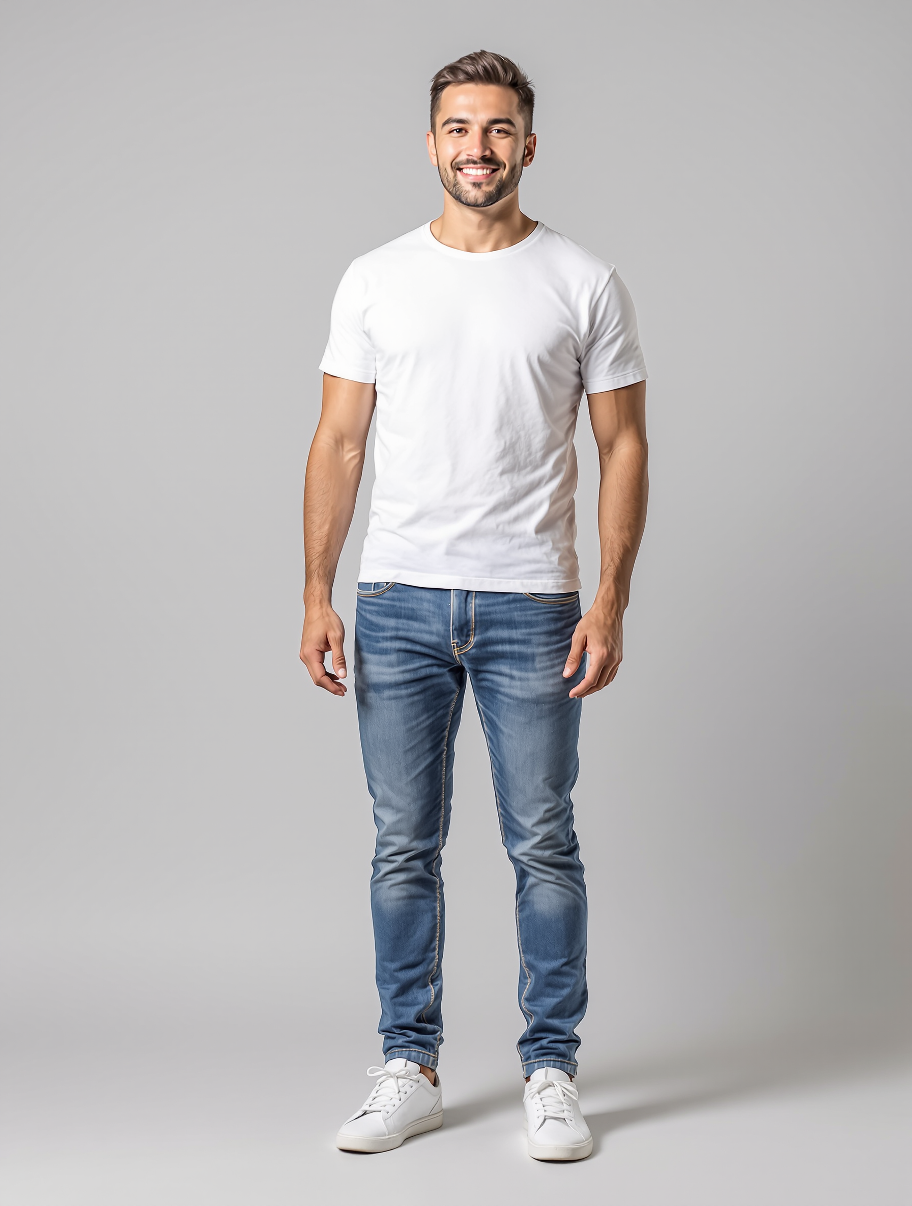 Man in white t-shirt and blue jeans with white sneakers