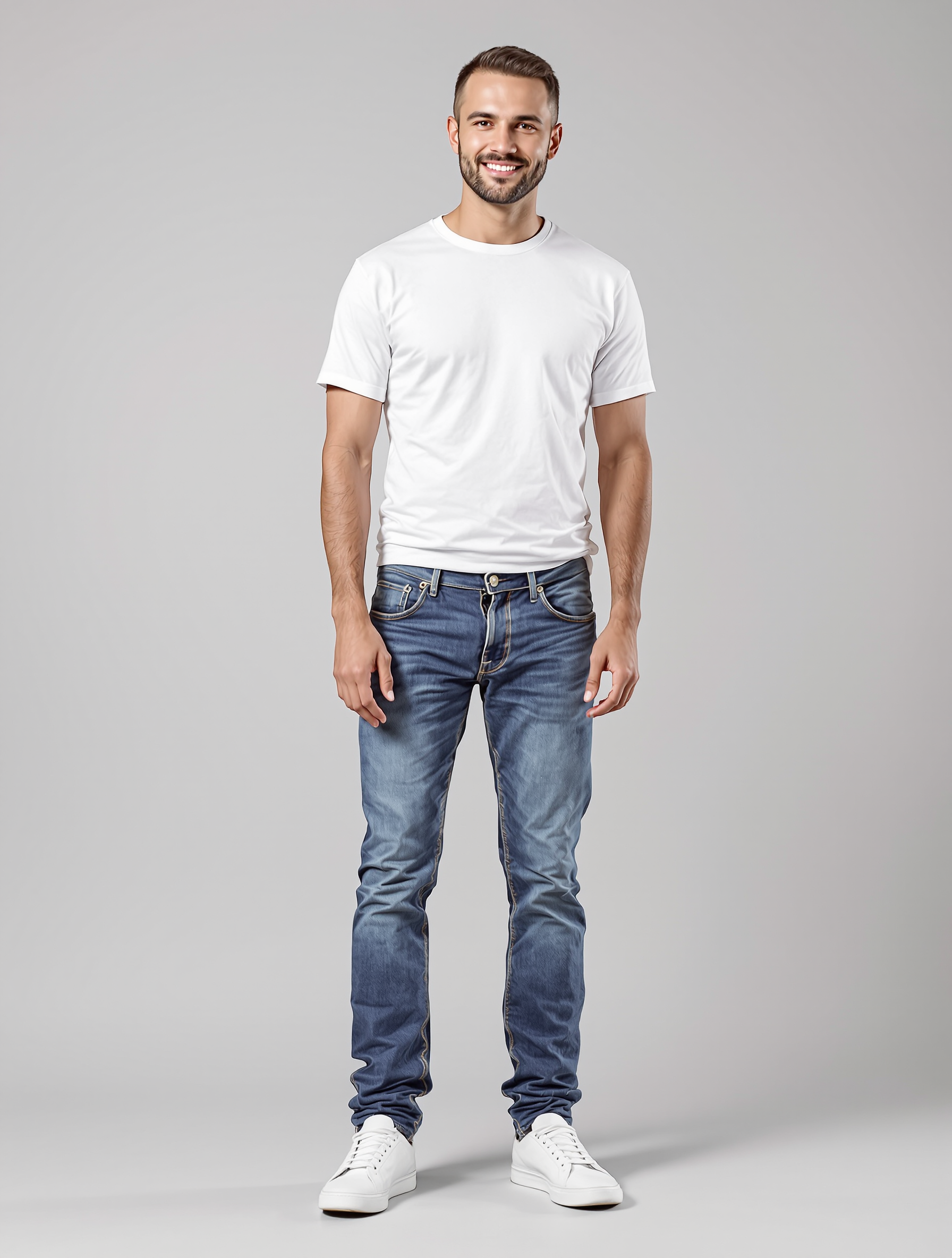Man in white t-shirt and blue jeans standing against gray background