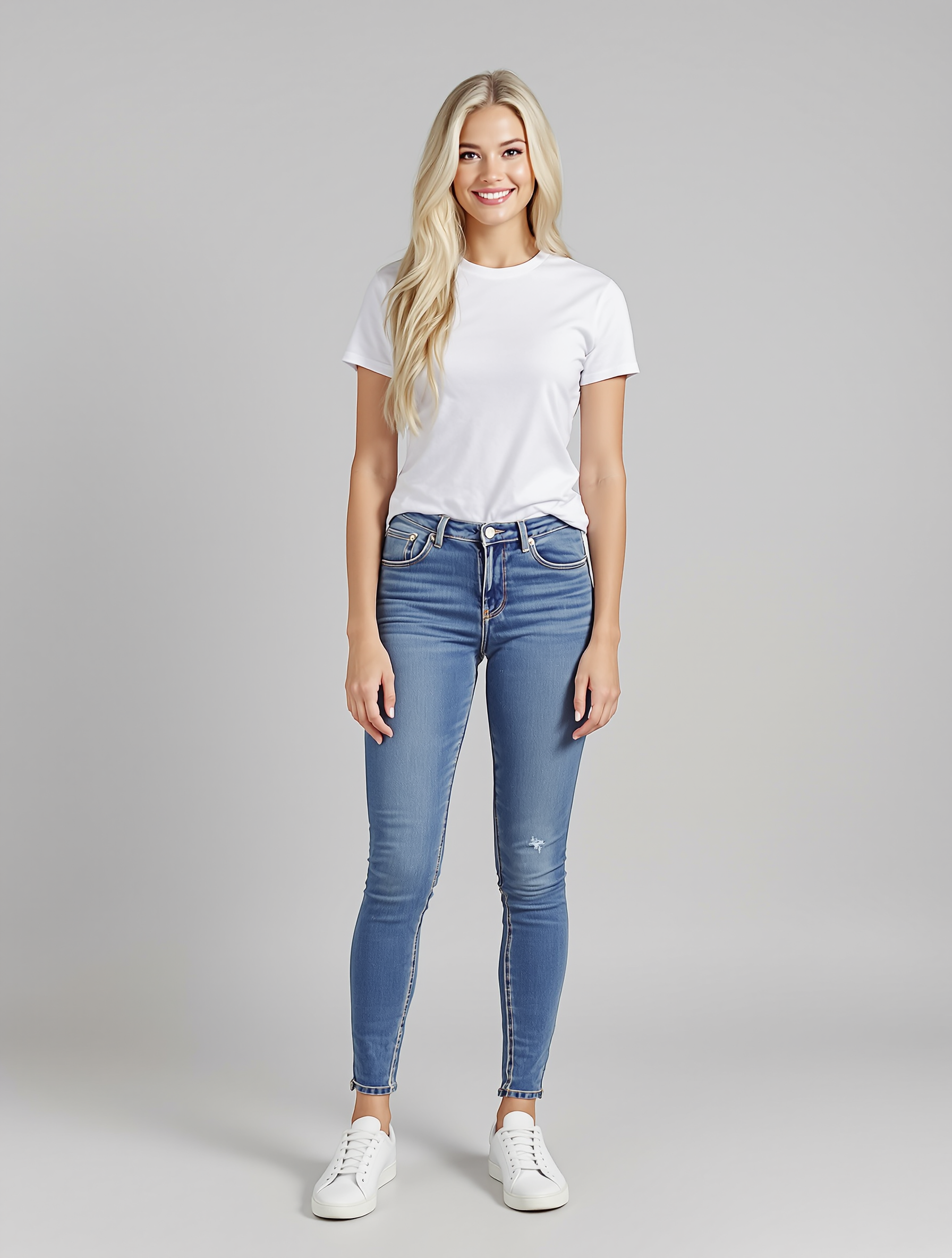 Woman in white t-shirt and blue skinny jeans with white sneakers
