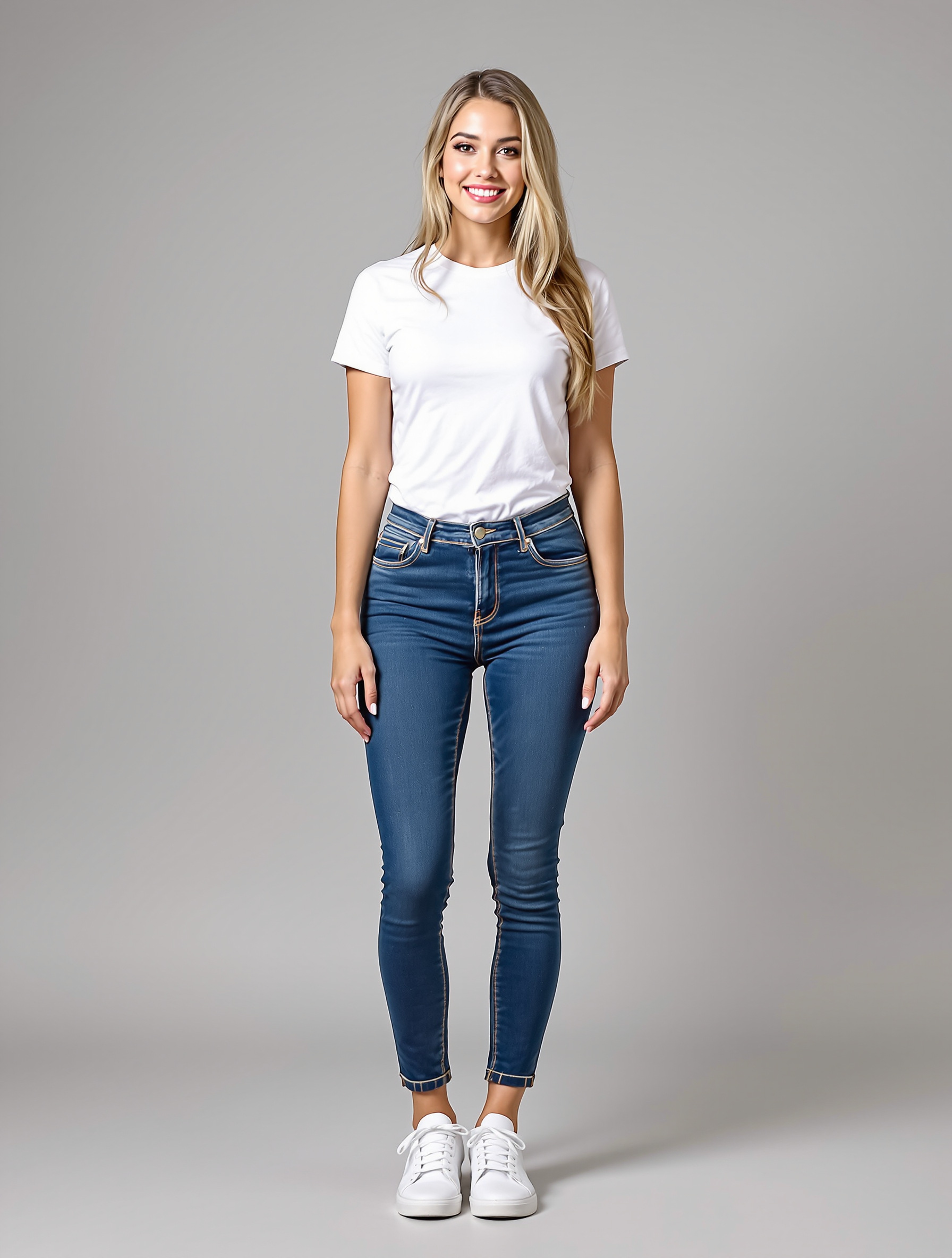 Woman in white tee and blue skinny jeans with white sneakers
