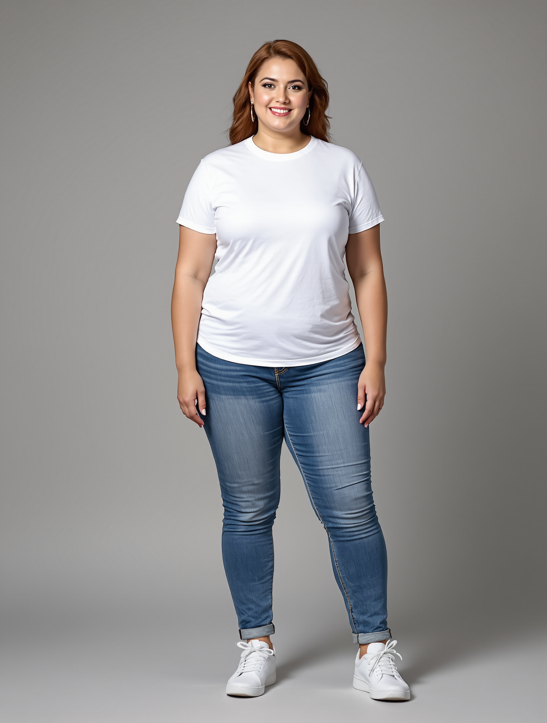 Woman in white t-shirt and cuffed blue jeans standing against gray background
