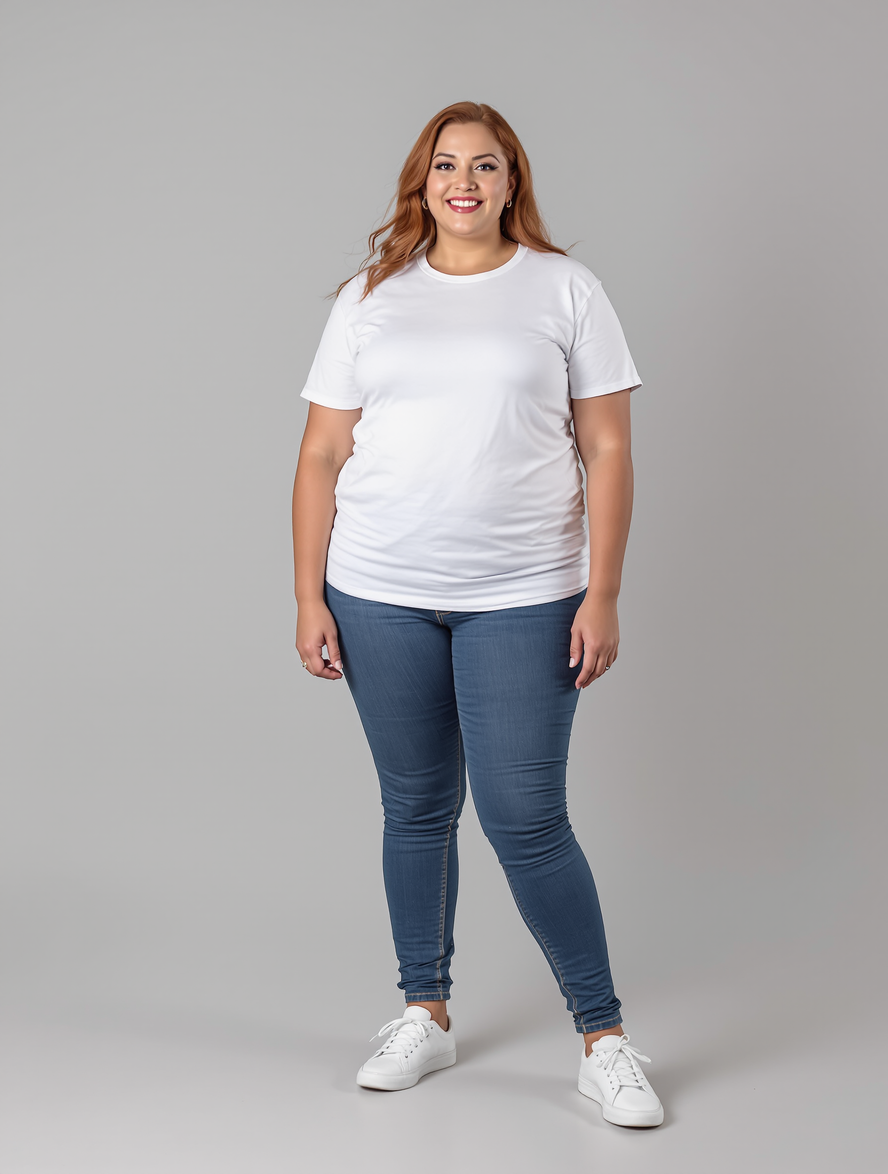 Woman with copper hair in white tee and blue jeans