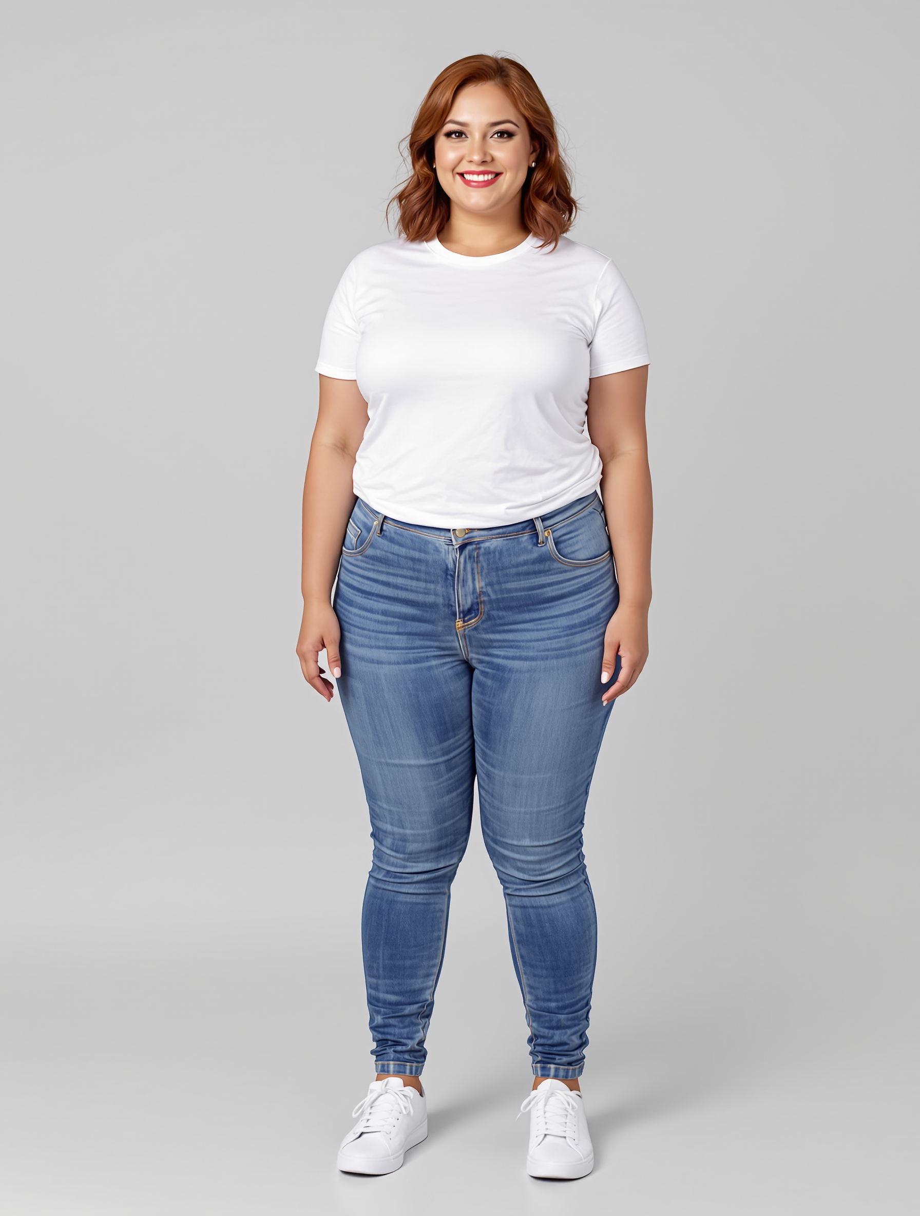Woman with copper wavy hair in white tee and blue jeans