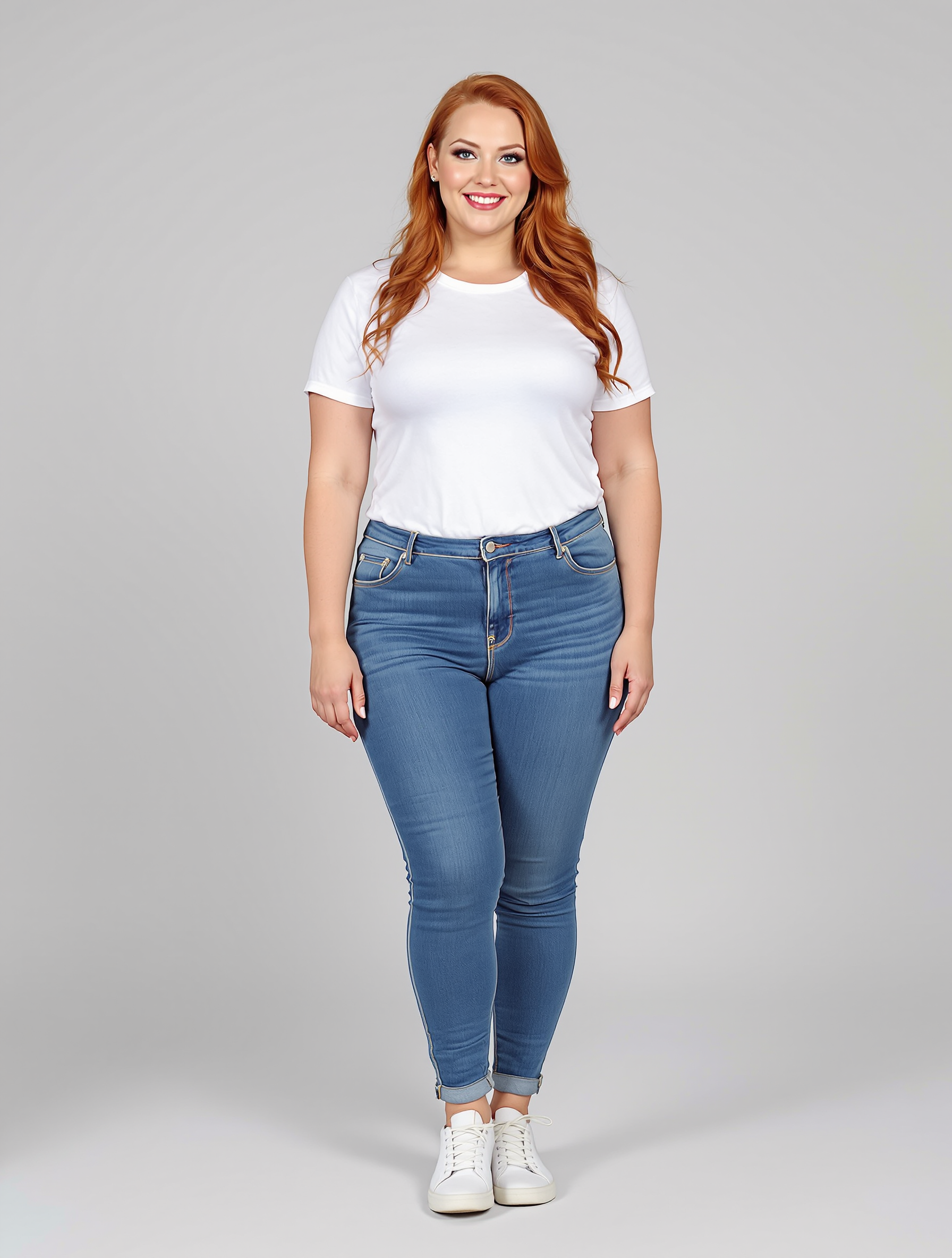 Woman with copper hair in white tee and blue jeans