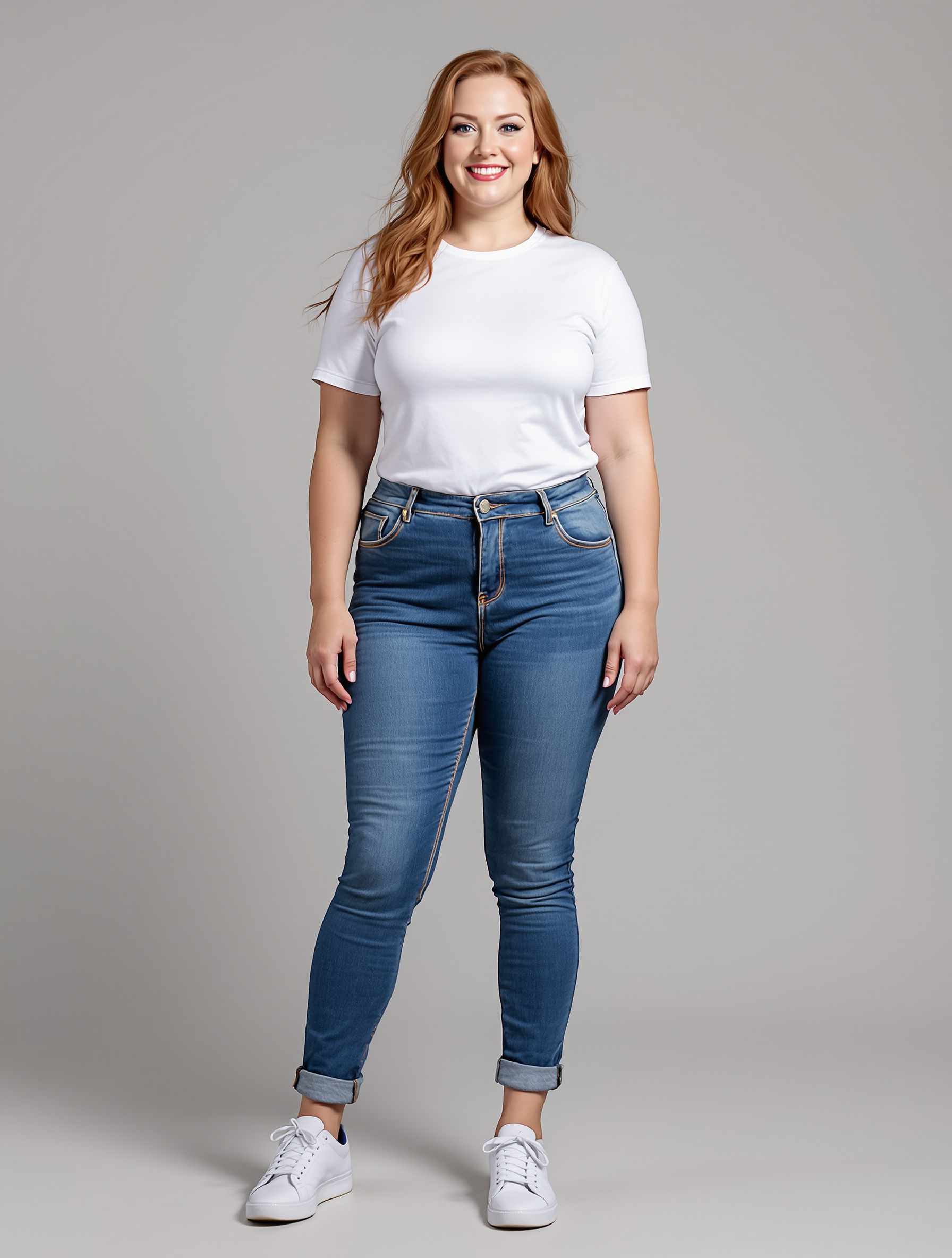 Woman in white tee and rolled cuff jeans with white sneakers