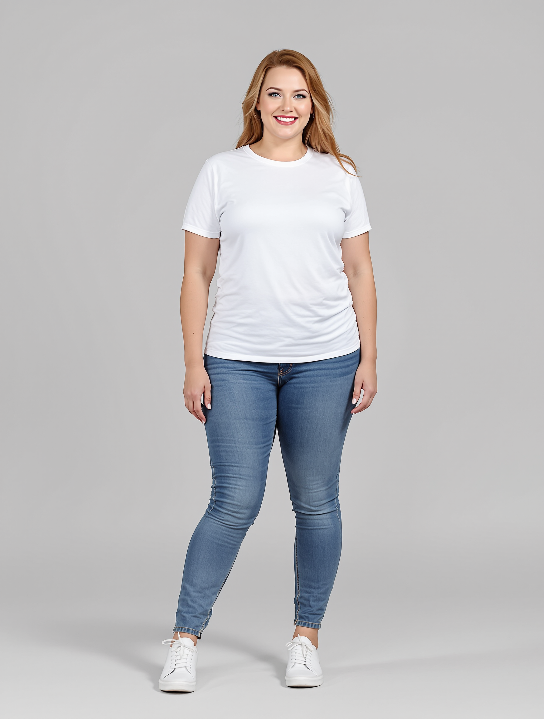 Person in white t-shirt and blue jeans with white sneakers