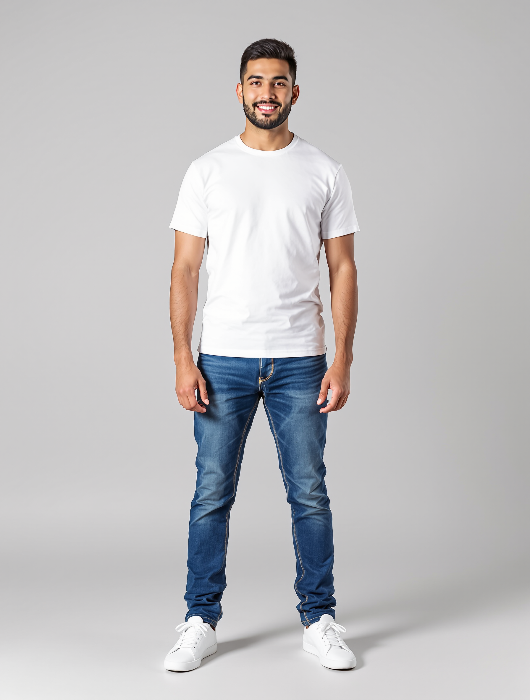 Man in white t-shirt and blue jeans standing against gray backdrop