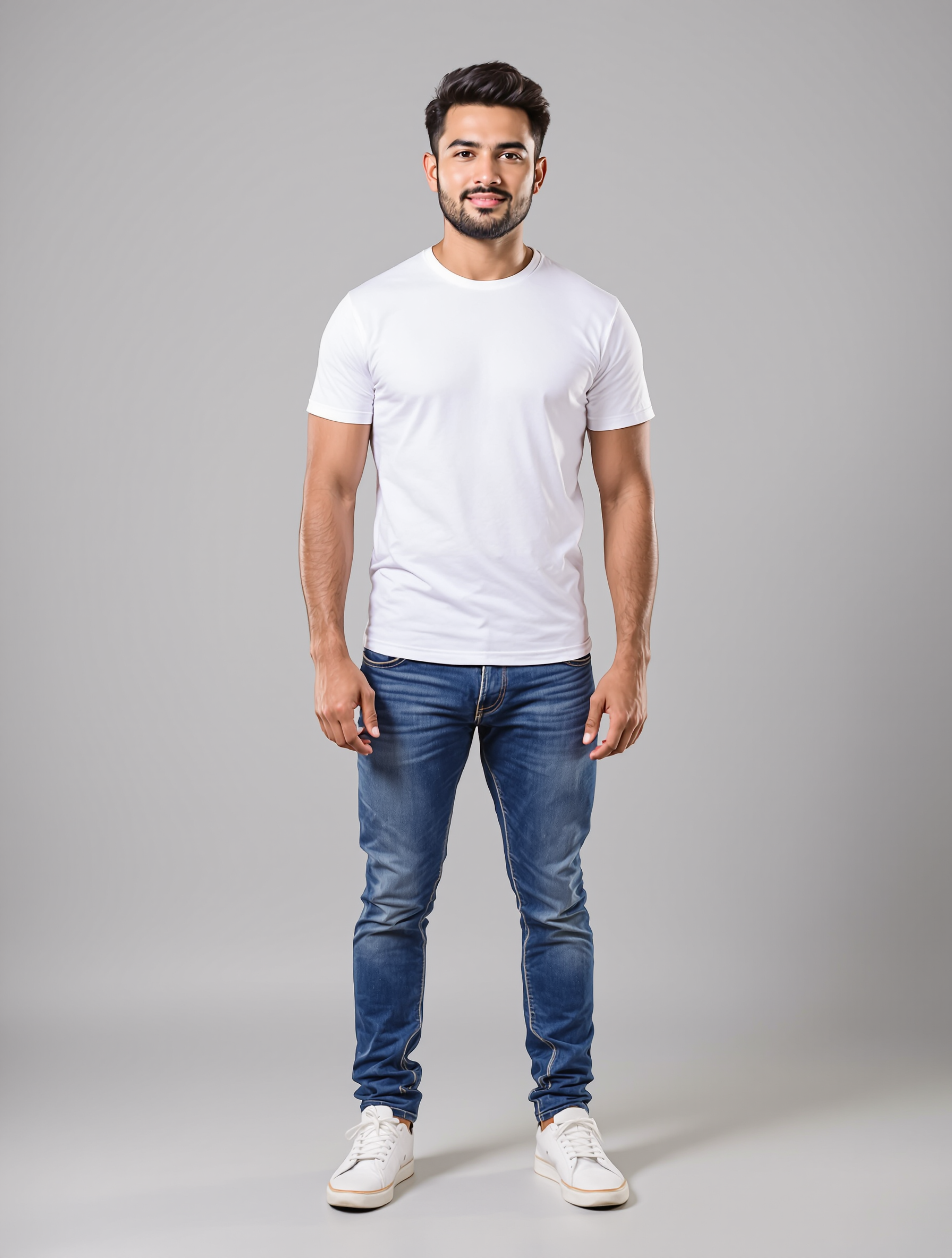 Man in white t-shirt and blue jeans standing against gray background