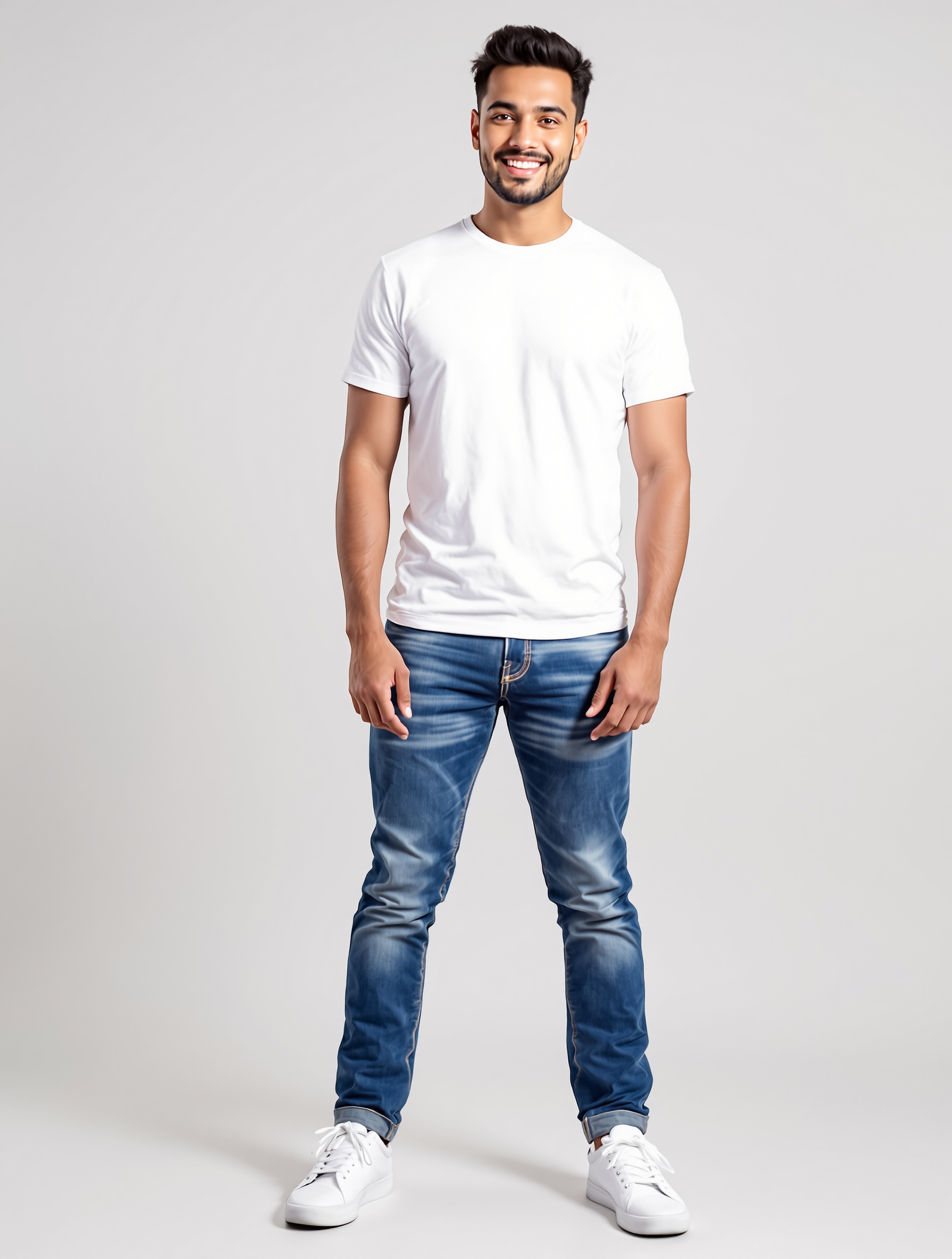 Man in white t-shirt and blue jeans standing against gray background
