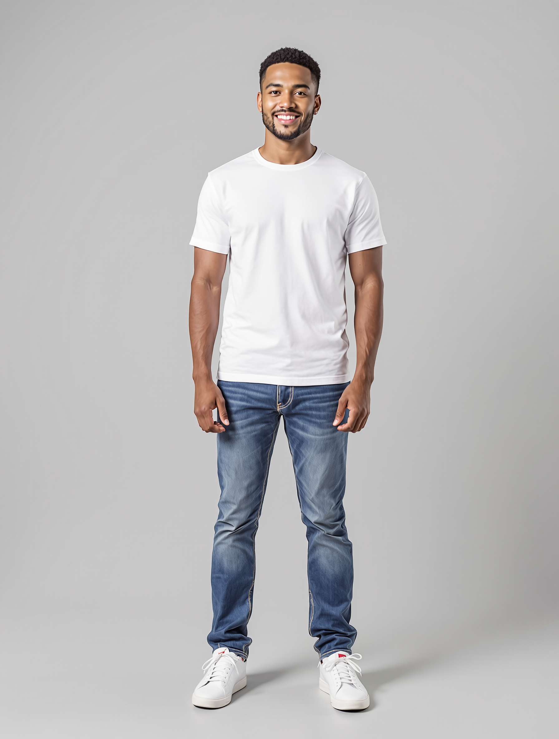 Man in white t-shirt and blue jeans standing against neutral background