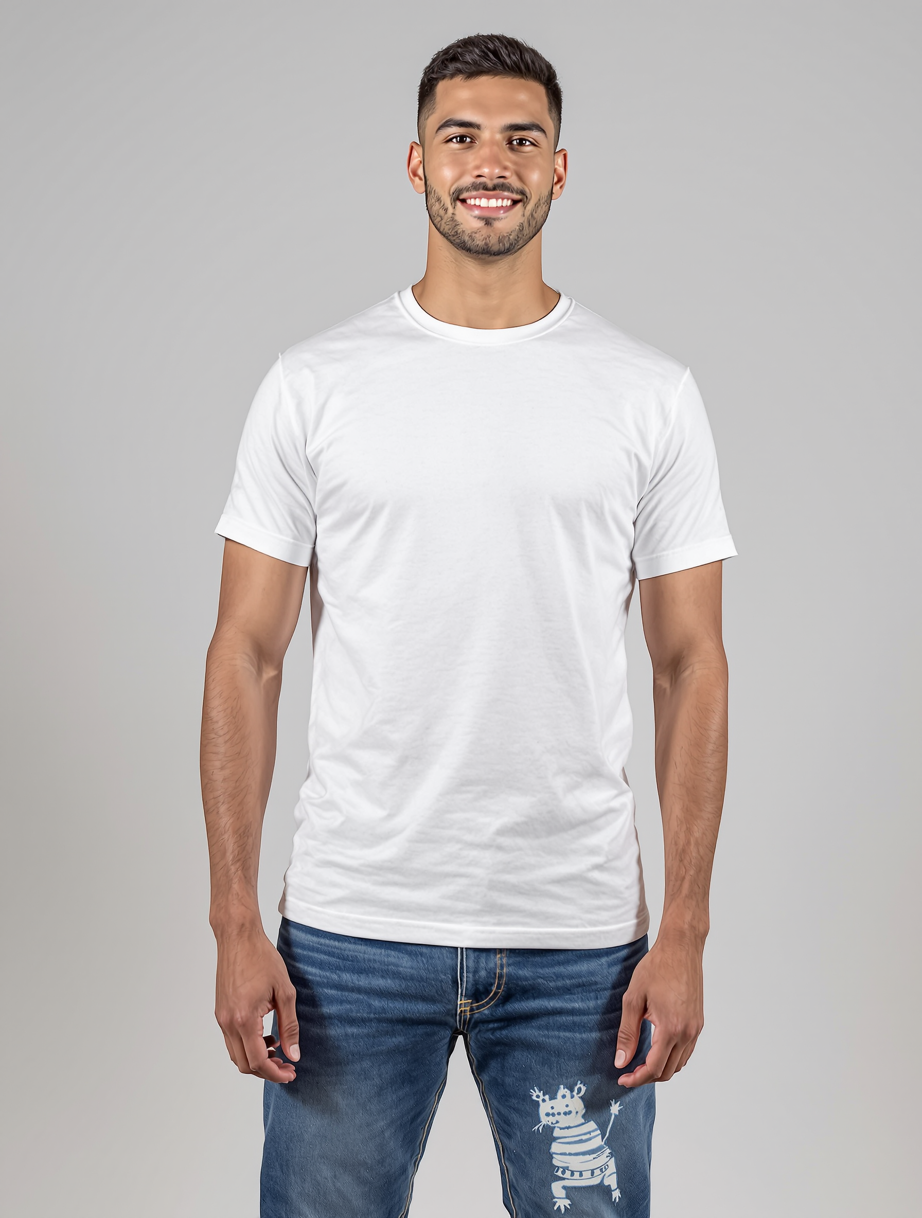 Man in white crew neck t-shirt and distressed denim jeans