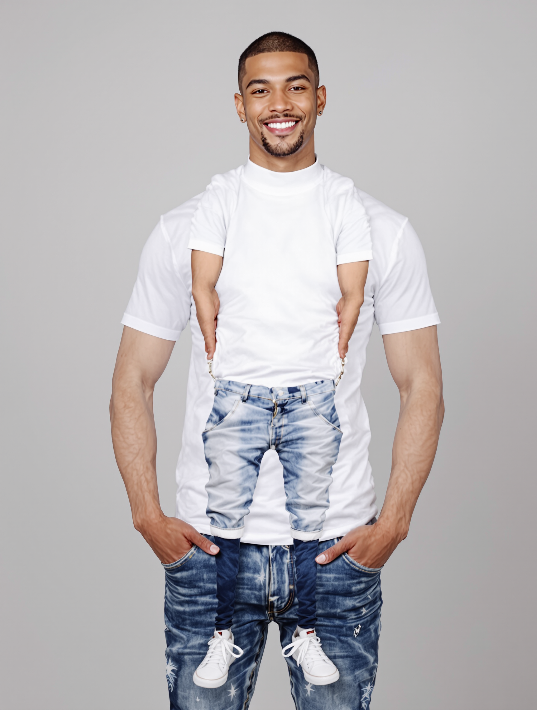 Man in white t-shirt and distressed blue jeans with white sneakers
