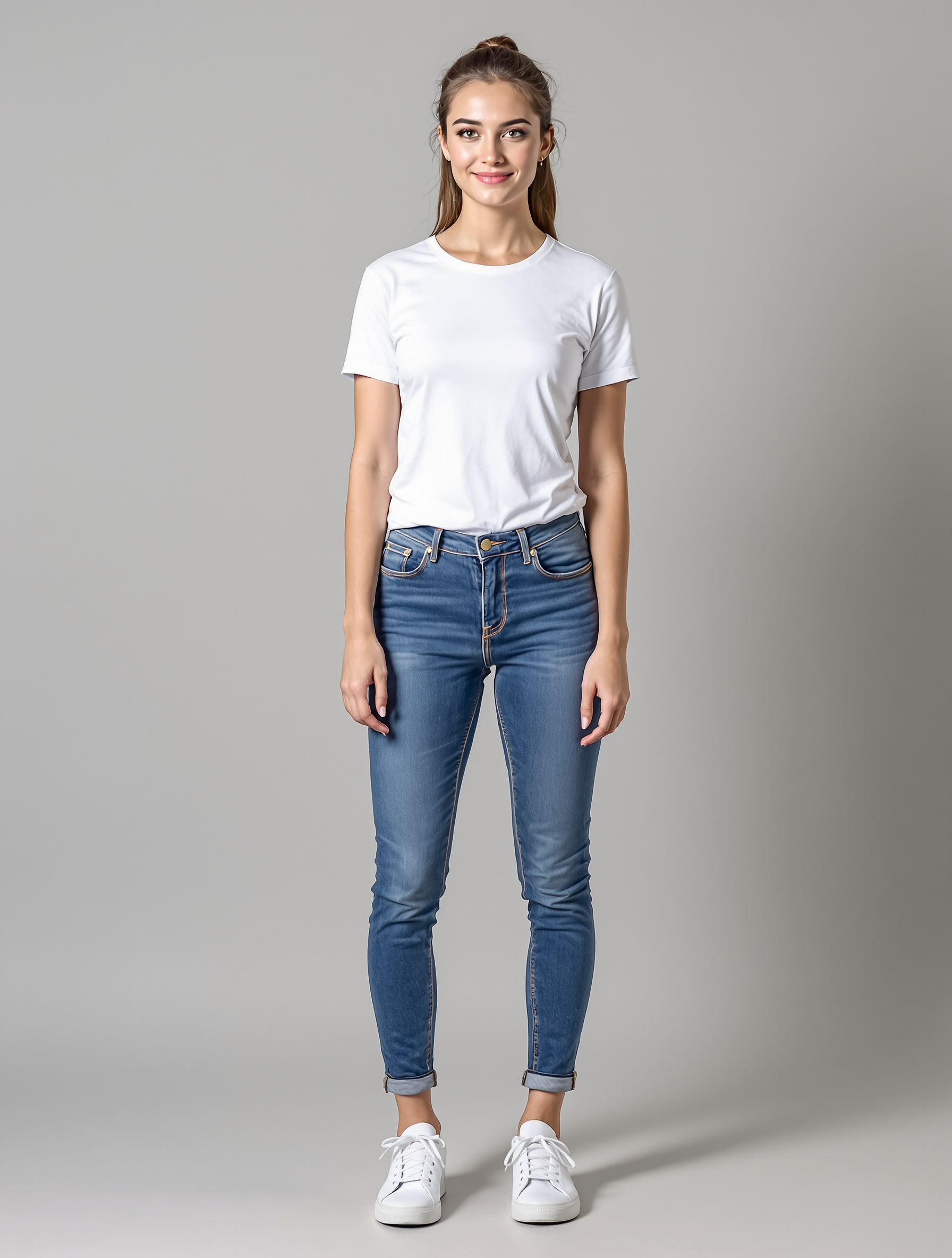 Woman in white t-shirt and rolled cuff blue jeans with white sneakers