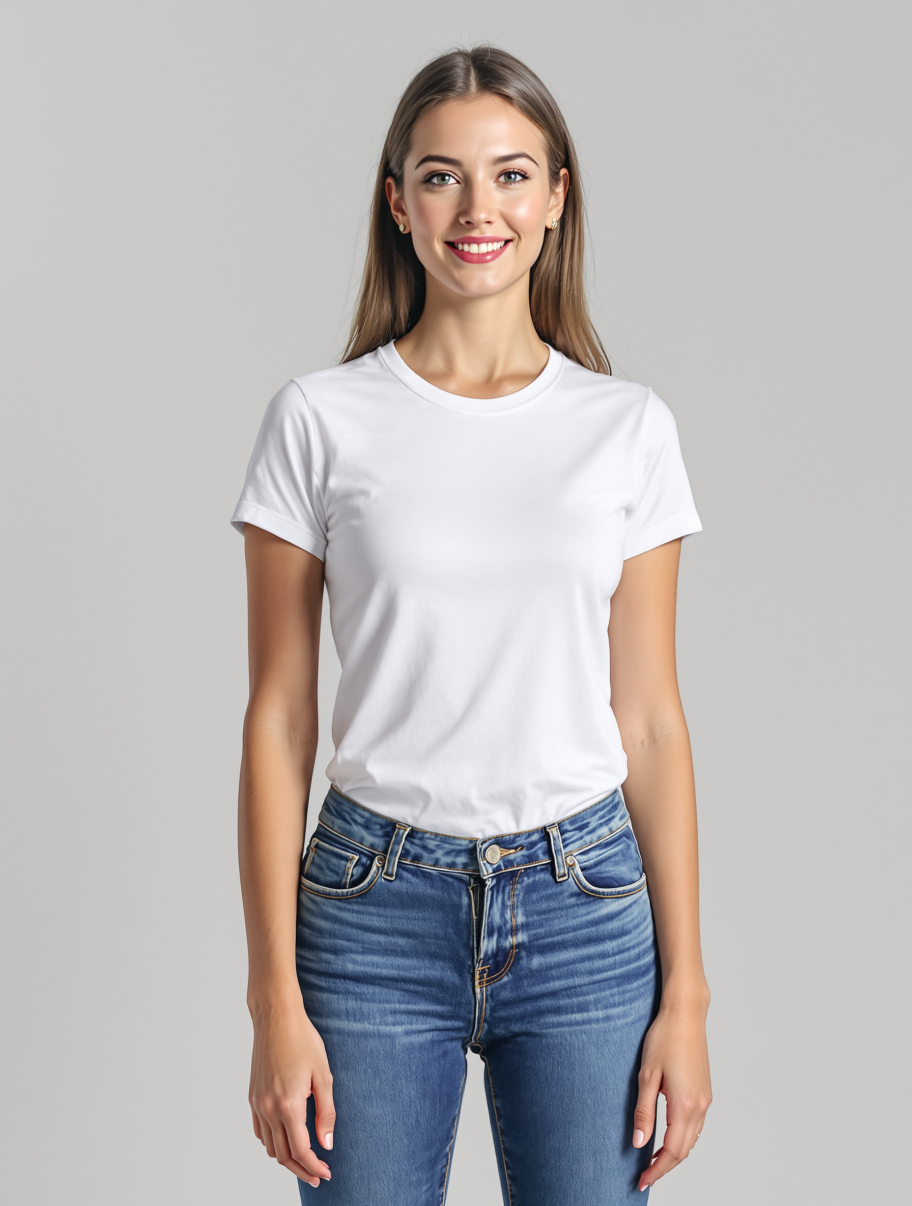 Woman in white crew neck t-shirt and blue jeans