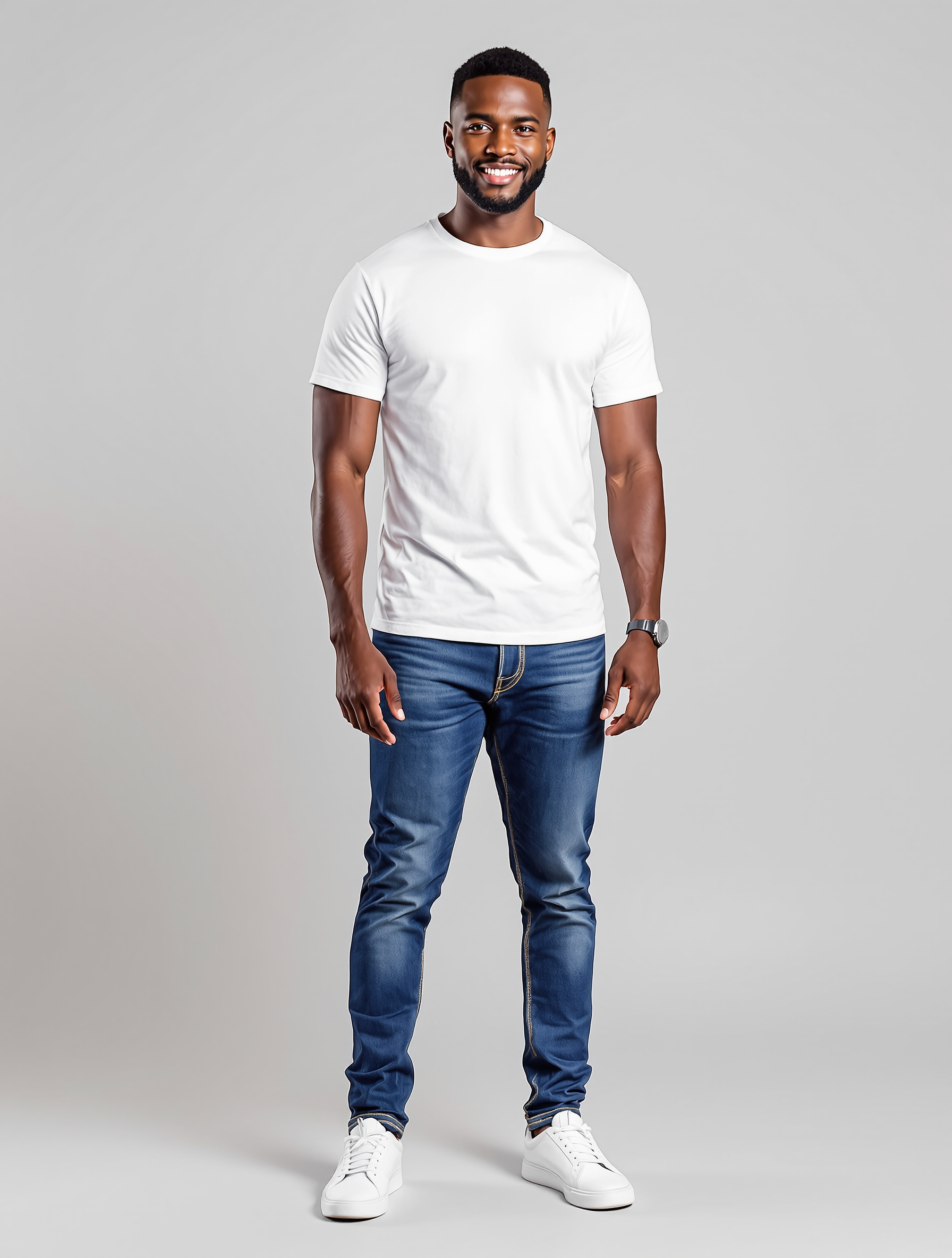 Man in white t-shirt and blue jeans with white sneakers
