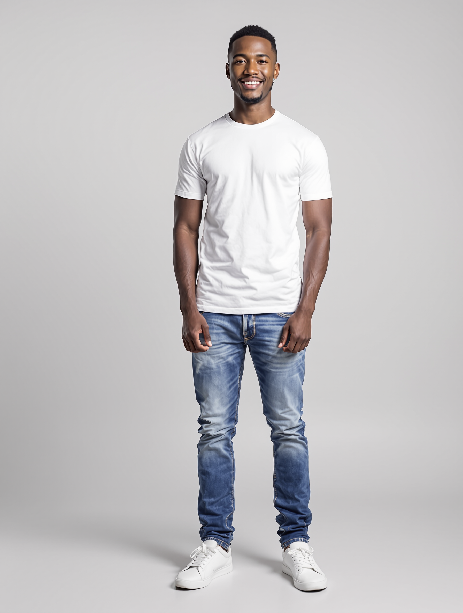 Man in white t-shirt and blue jeans smiling at camera