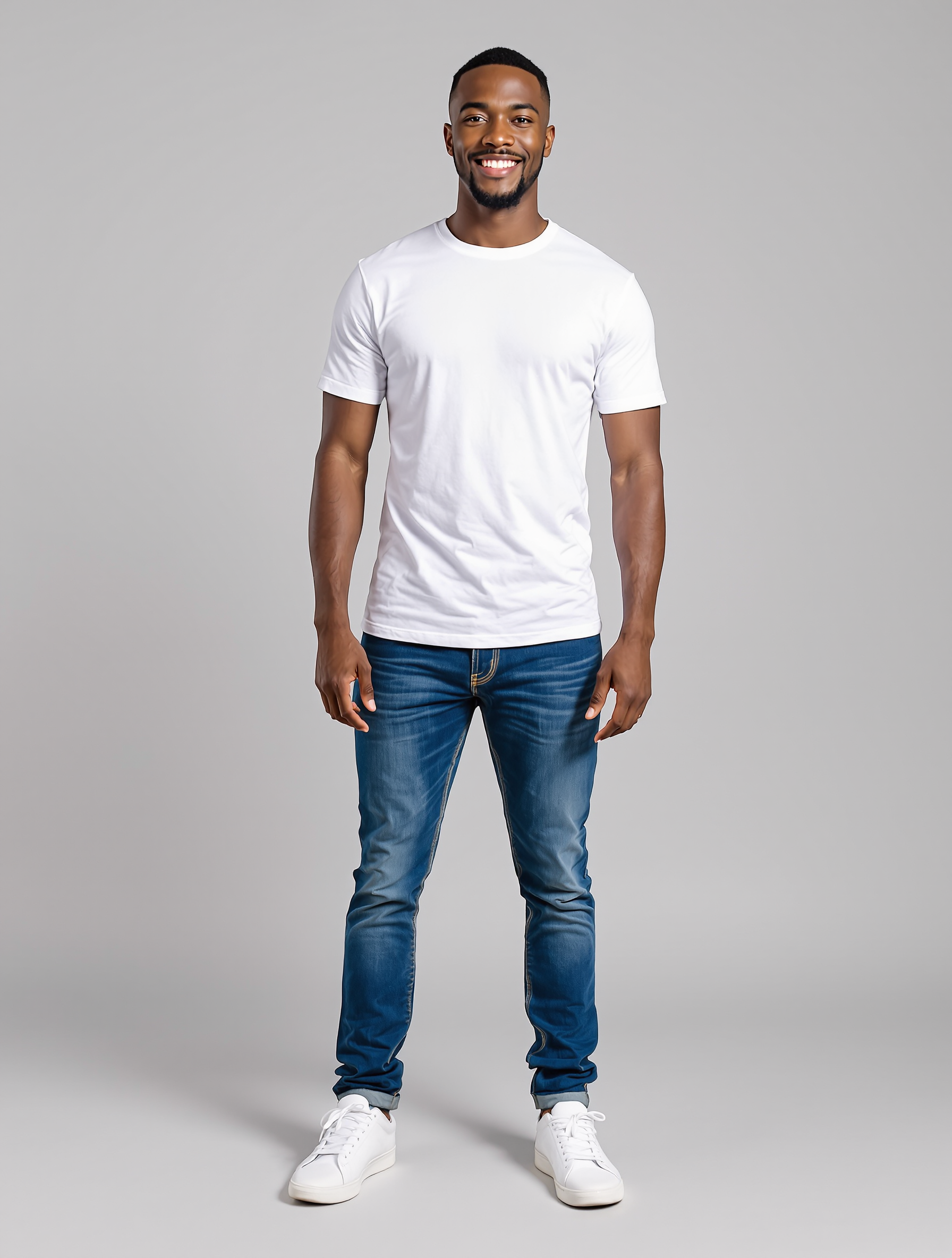 Man in white t-shirt and dark jeans standing against gray background