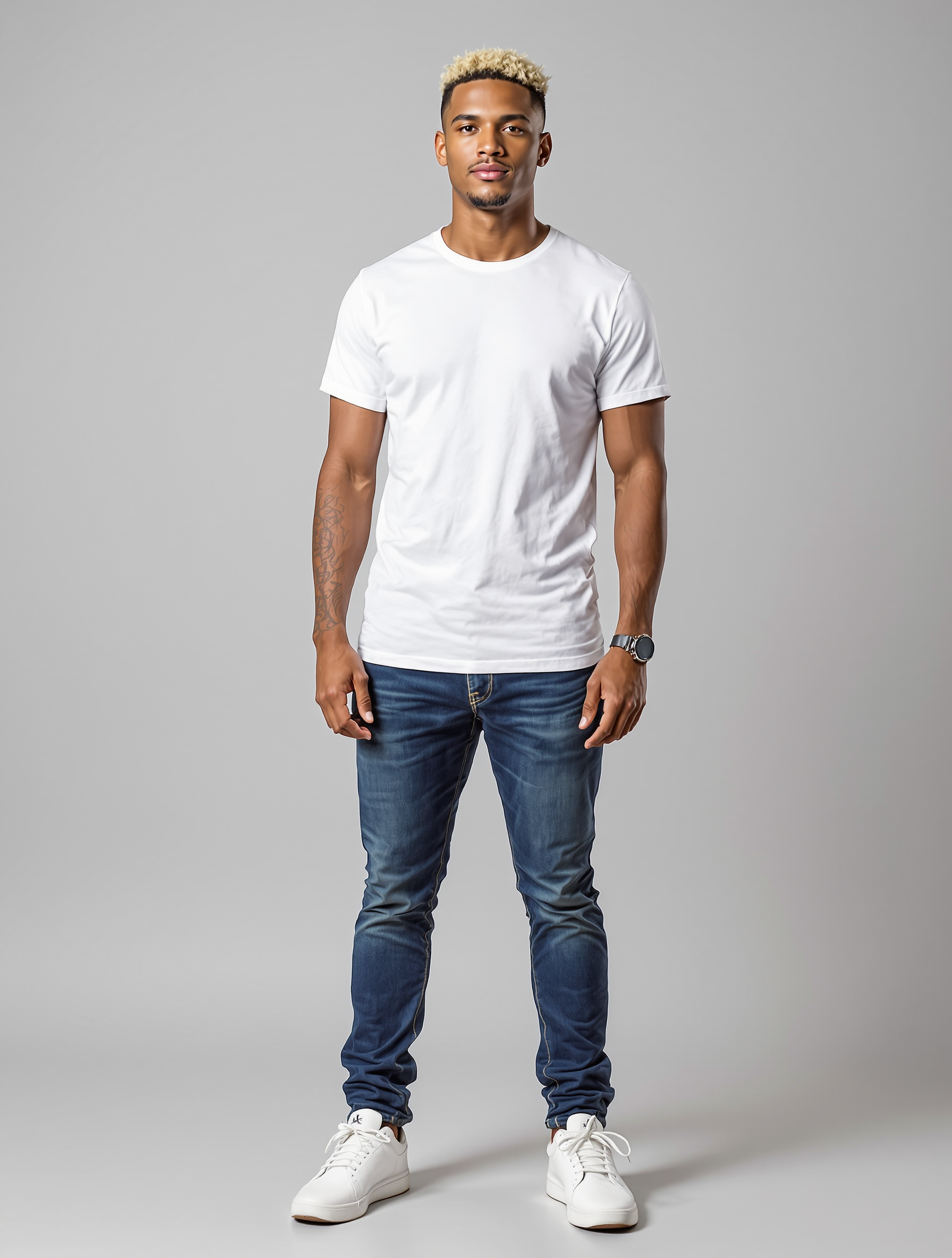 Man in white t-shirt and dark jeans with blonde hair