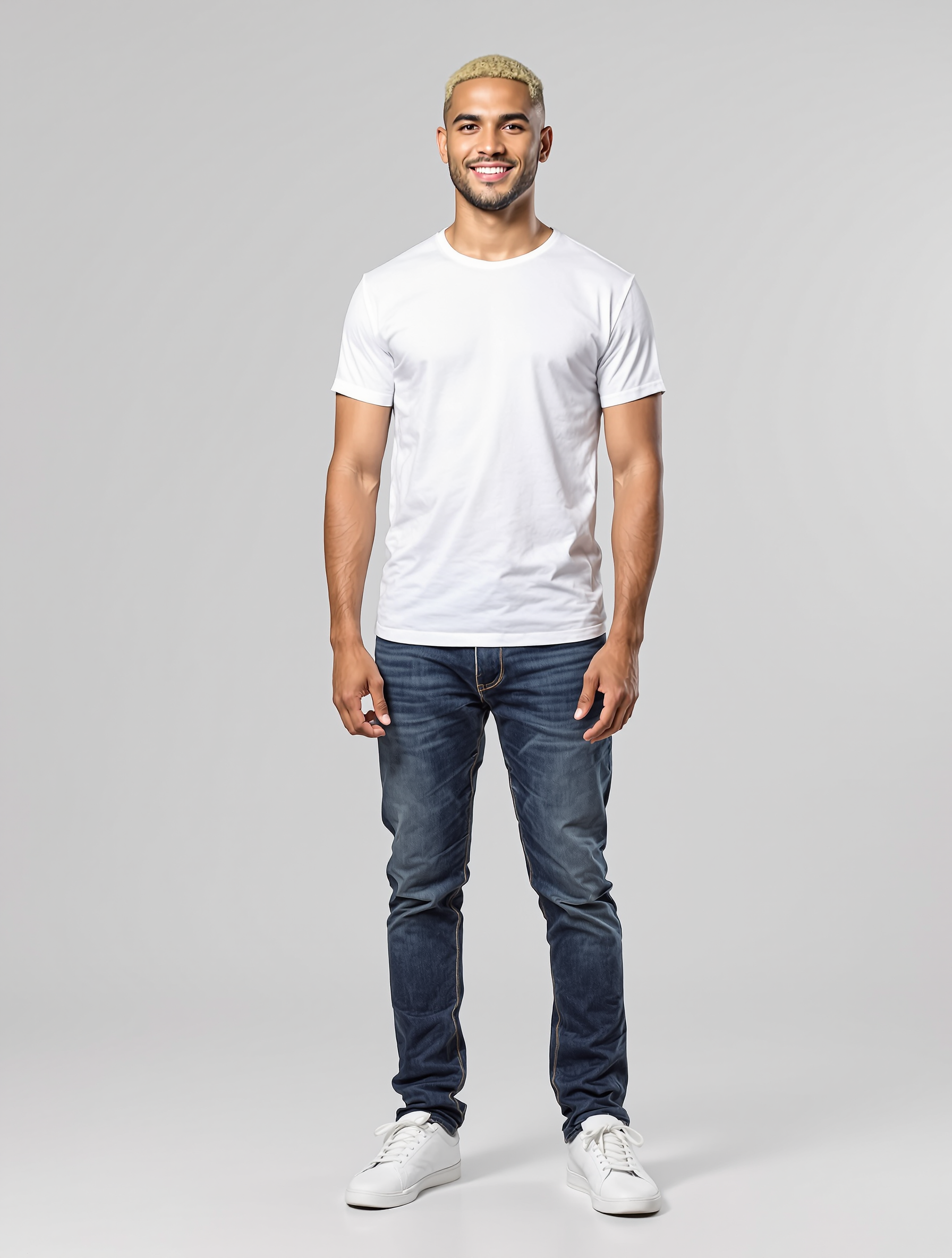 Man in white t-shirt and dark jeans with blonde hair