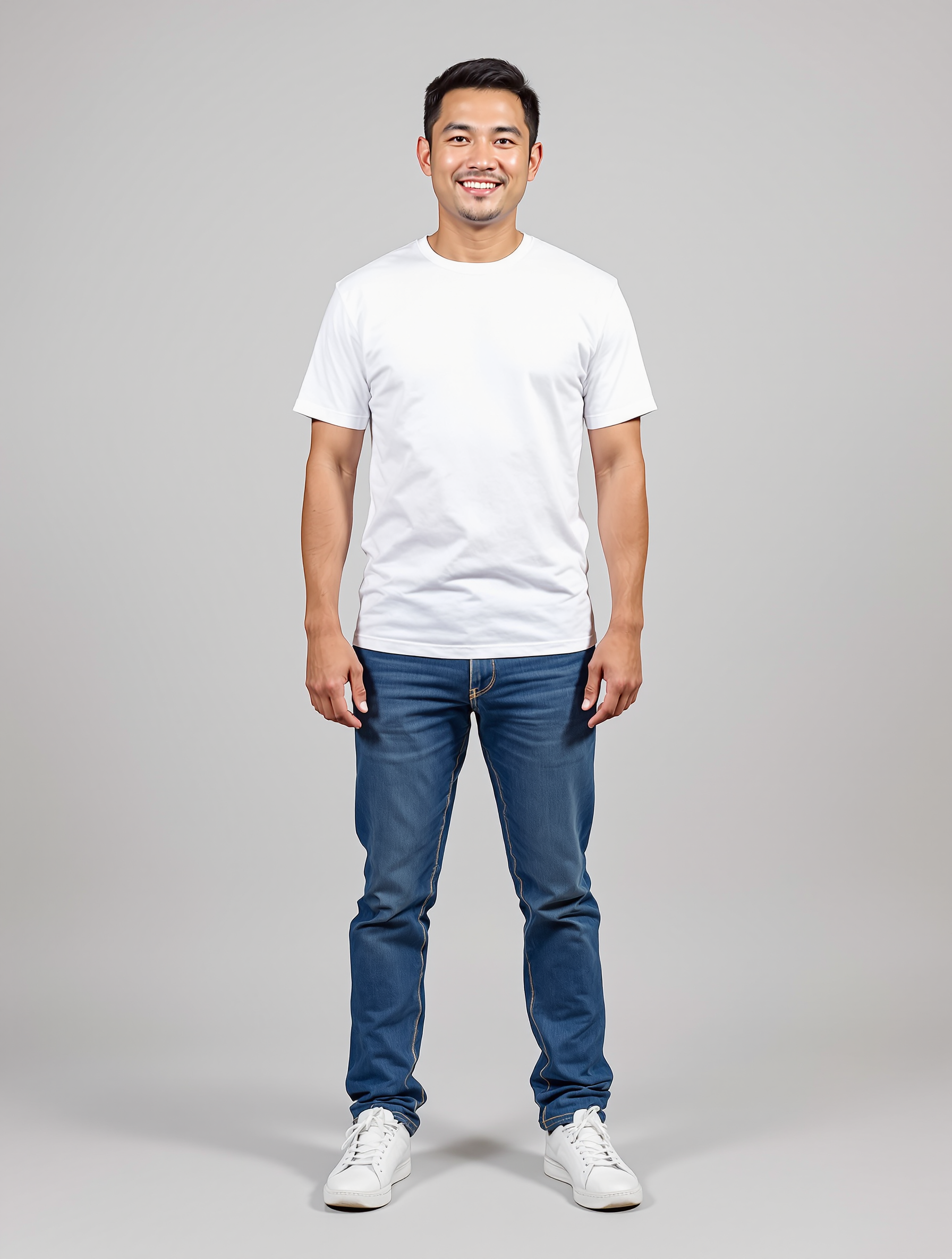 Man in white crew neck tee and blue jeans smiling at camera