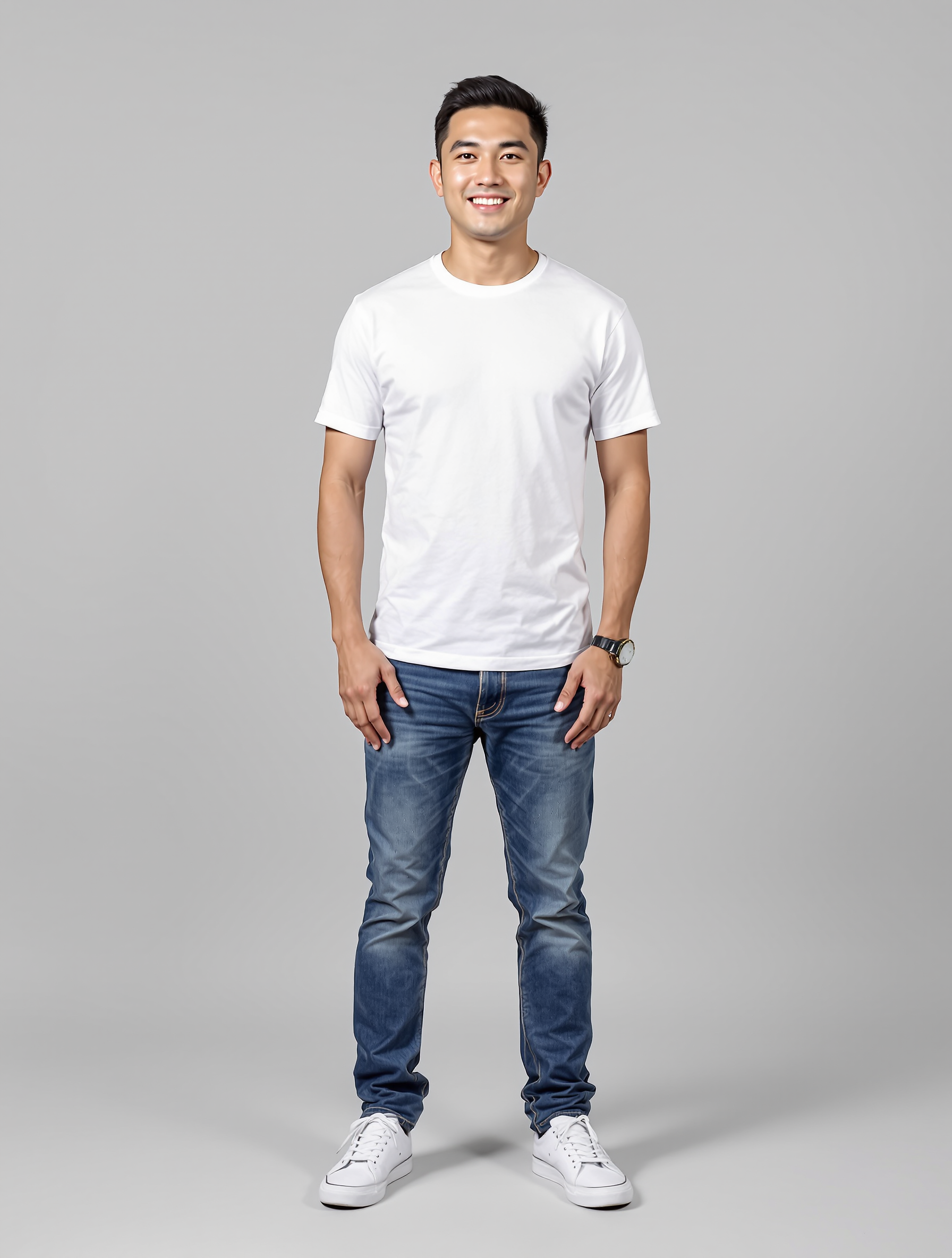 Man in white crew neck t-shirt and dark jeans standing portrait