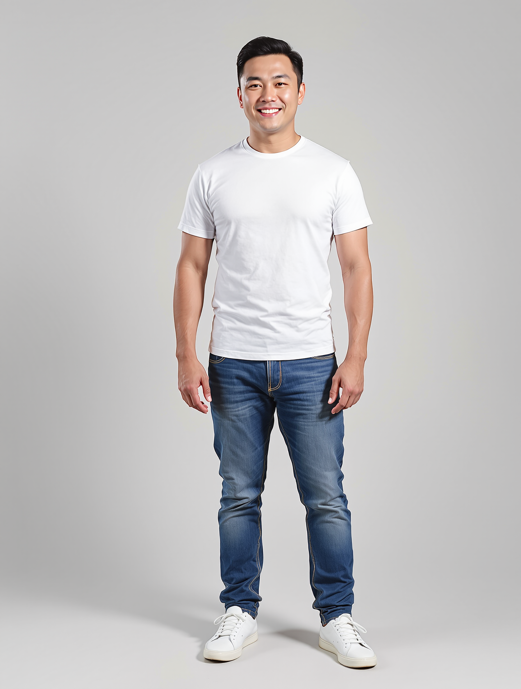 Man in white t-shirt and dark jeans standing against gray background