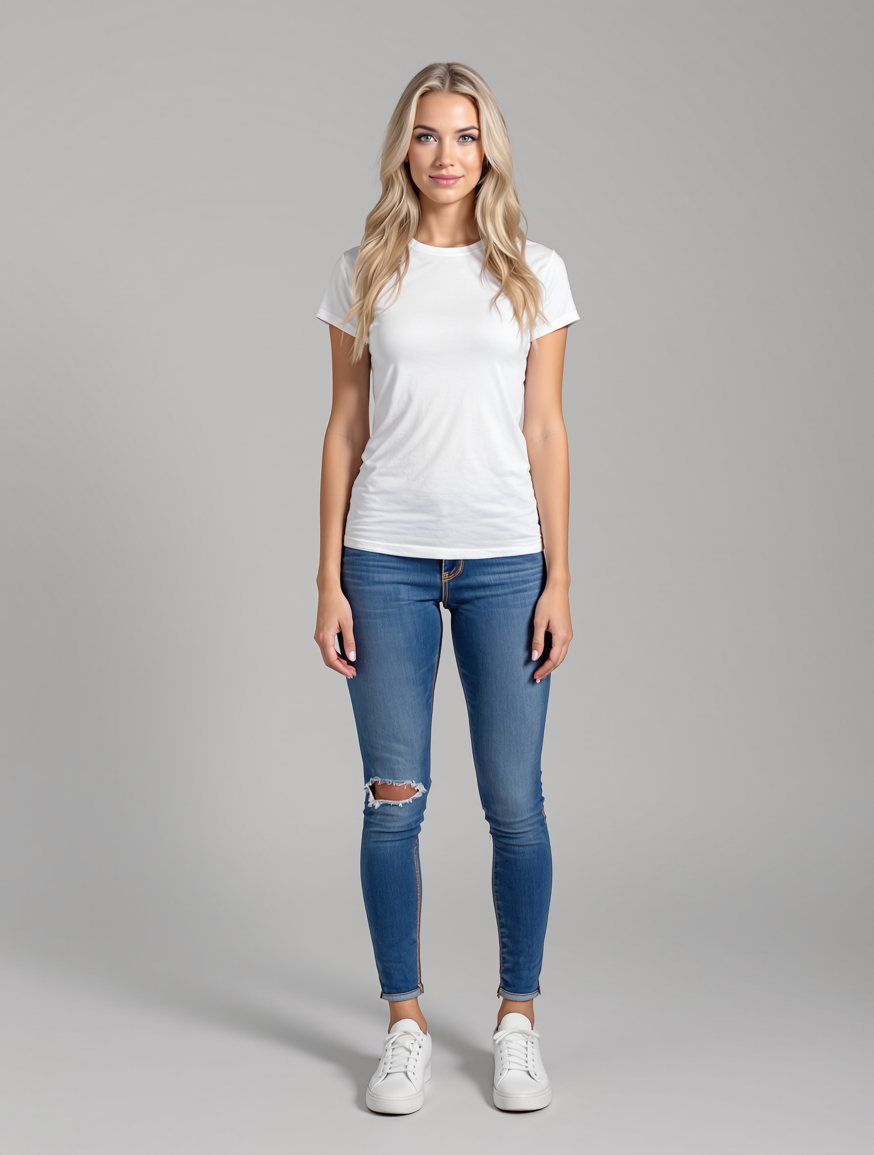 Woman in white t-shirt and distressed blue jeans with white sneakers