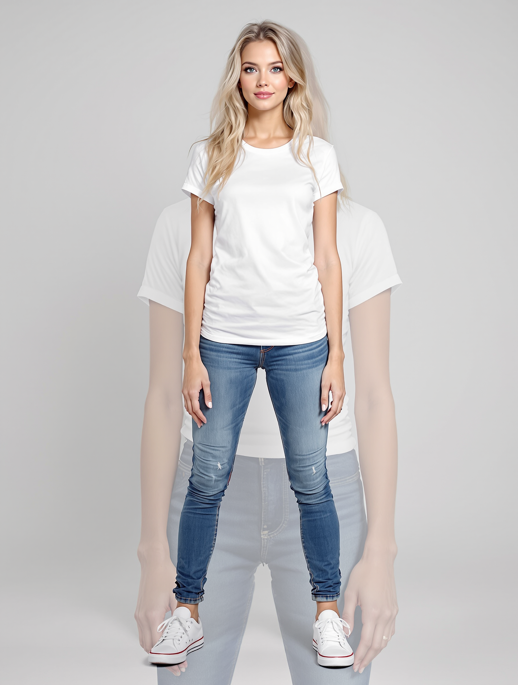 Person in white t-shirt and blue jeans with white sneakers