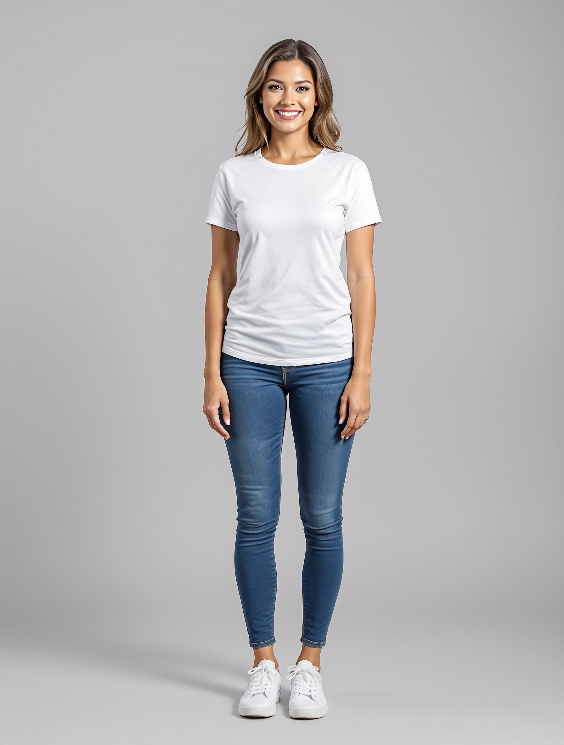 Woman in white t-shirt and blue jeans standing against gray background