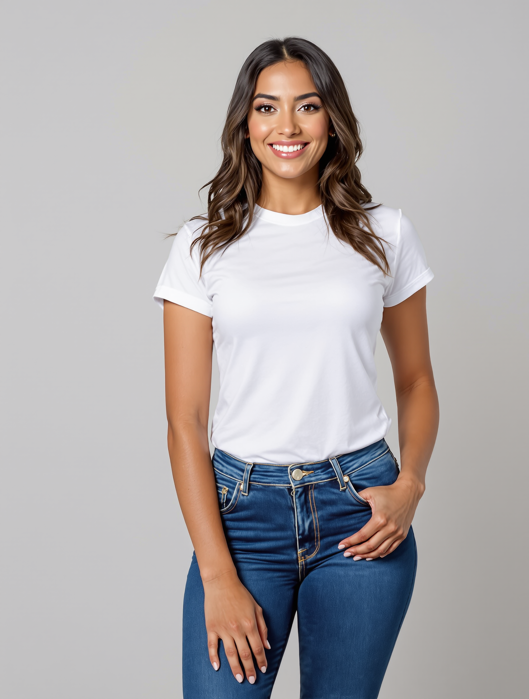 Woman in white t-shirt and blue jeans smiling at camera