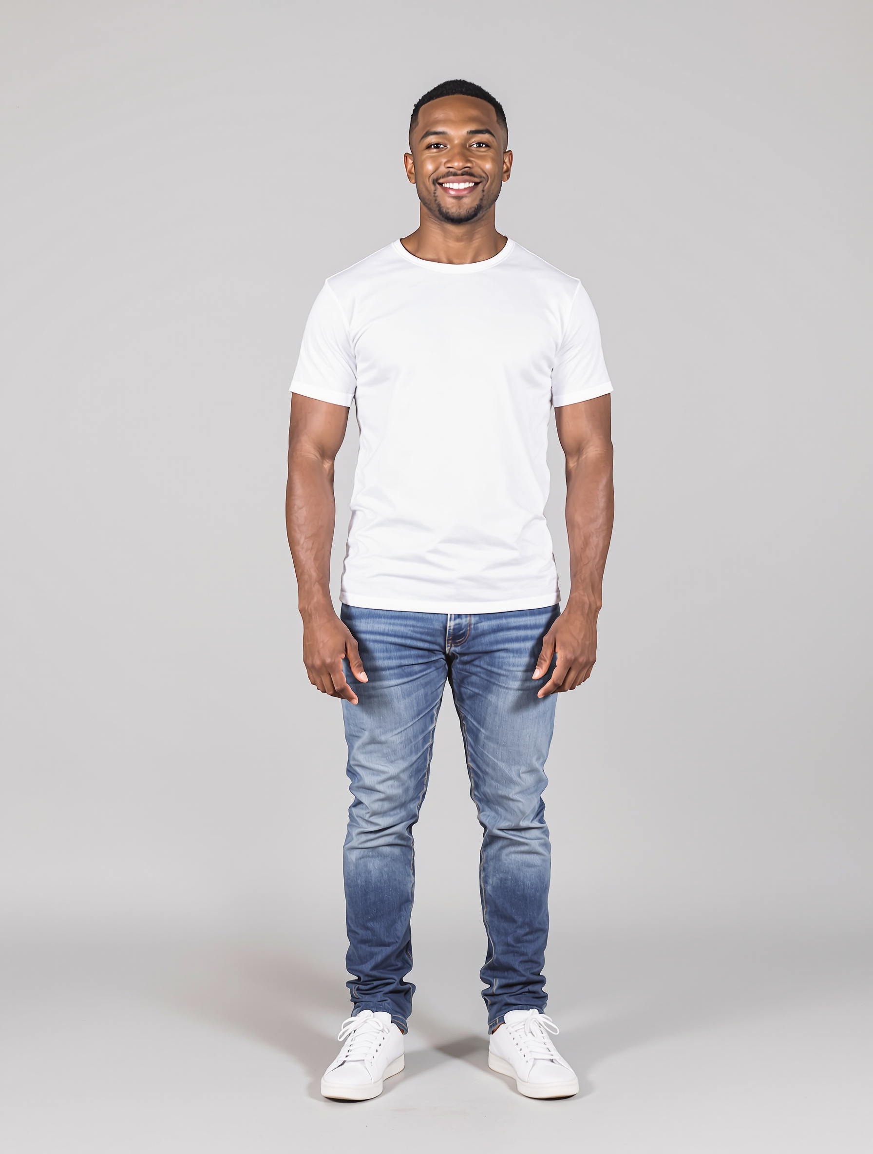 Man in white t-shirt and blue jeans smiling at camera