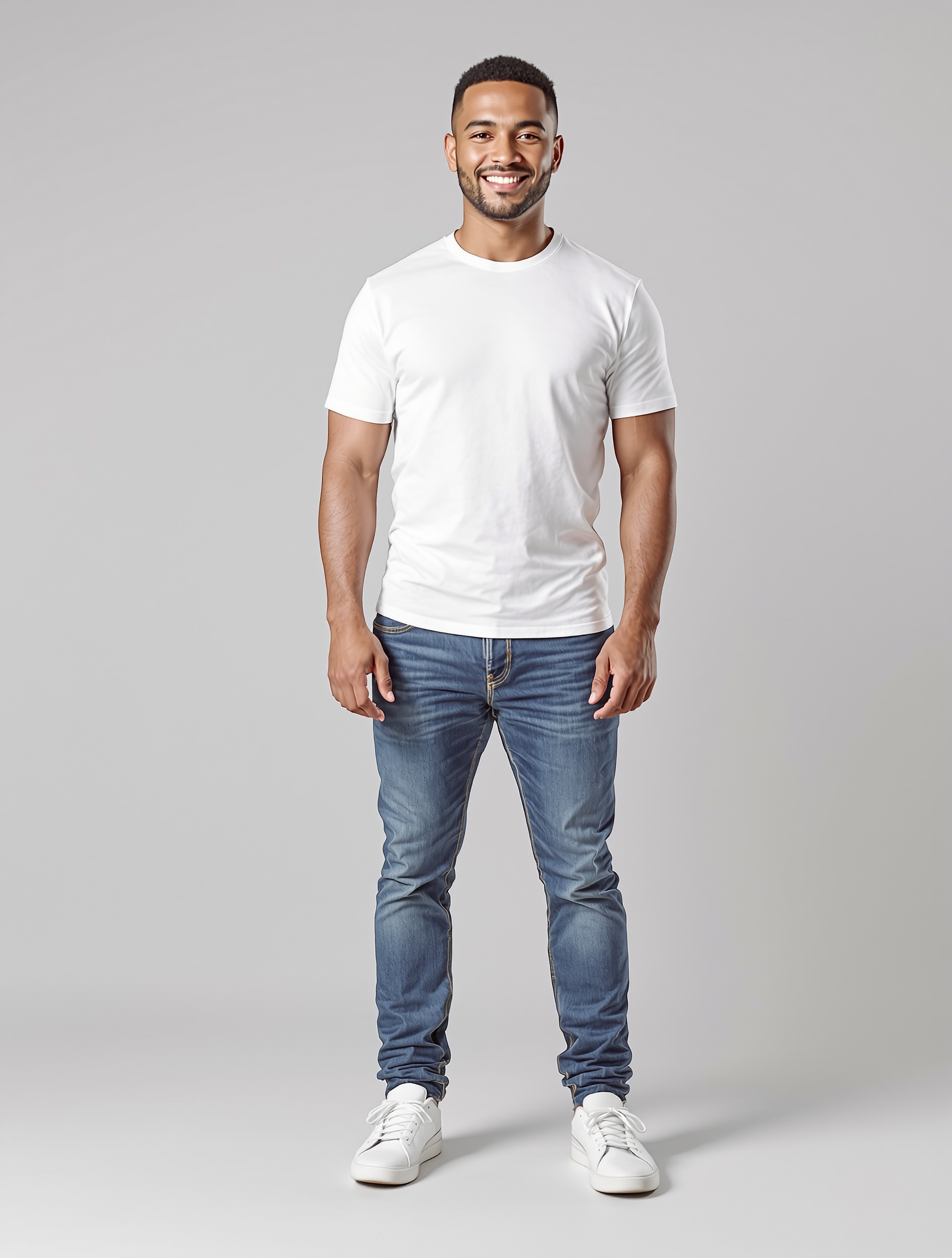 Man in white t-shirt and blue jeans smiling at camera