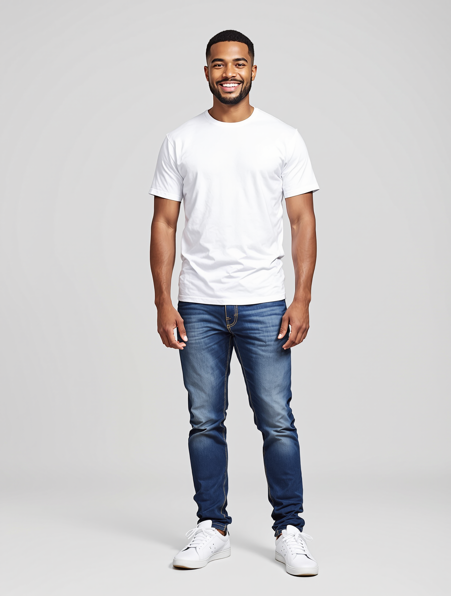 Man in white crew neck tee and dark blue jeans smiling at camera