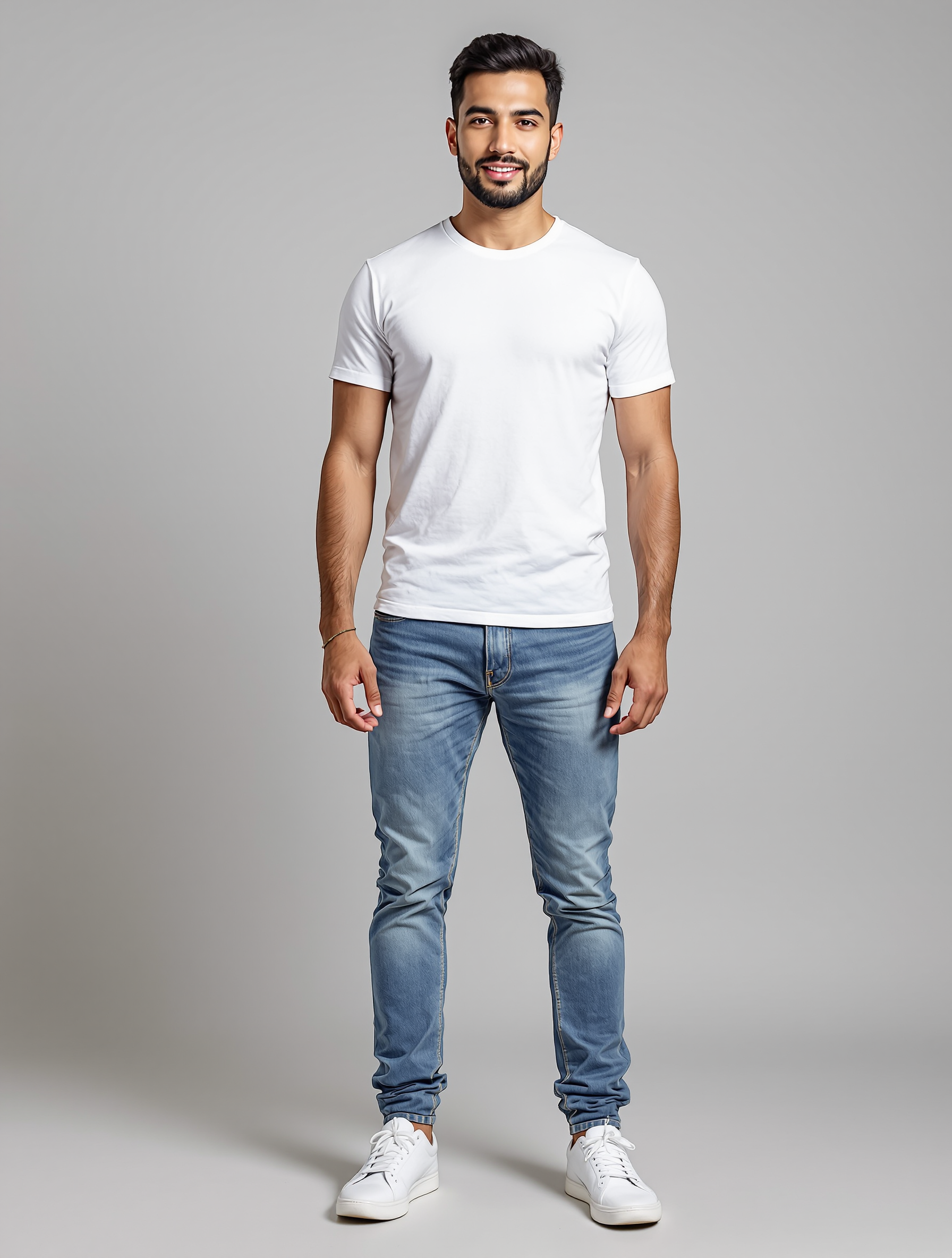 Man in white t-shirt and blue jeans with white sneakers