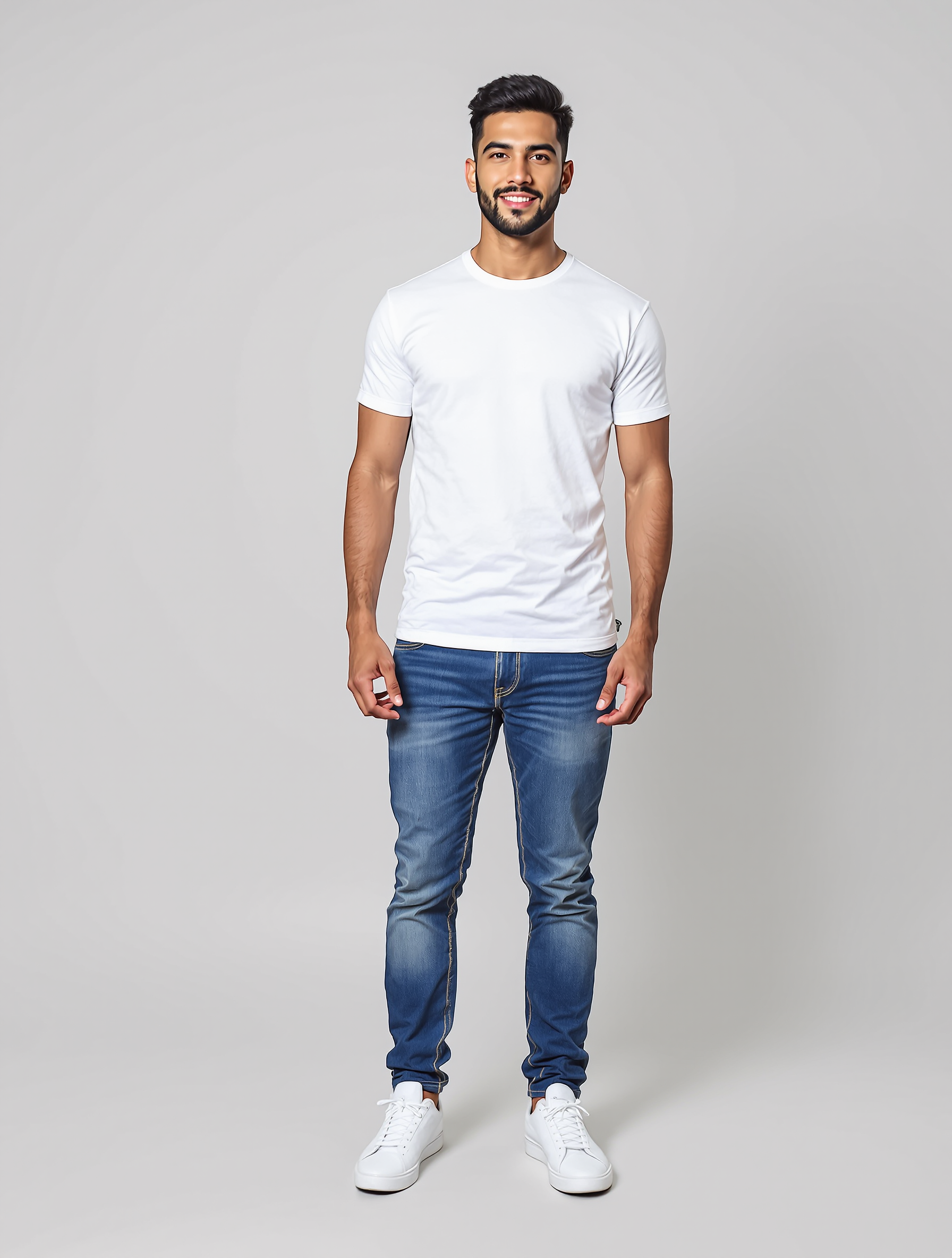 Man in white crew neck tee and blue jeans standing against neutral background