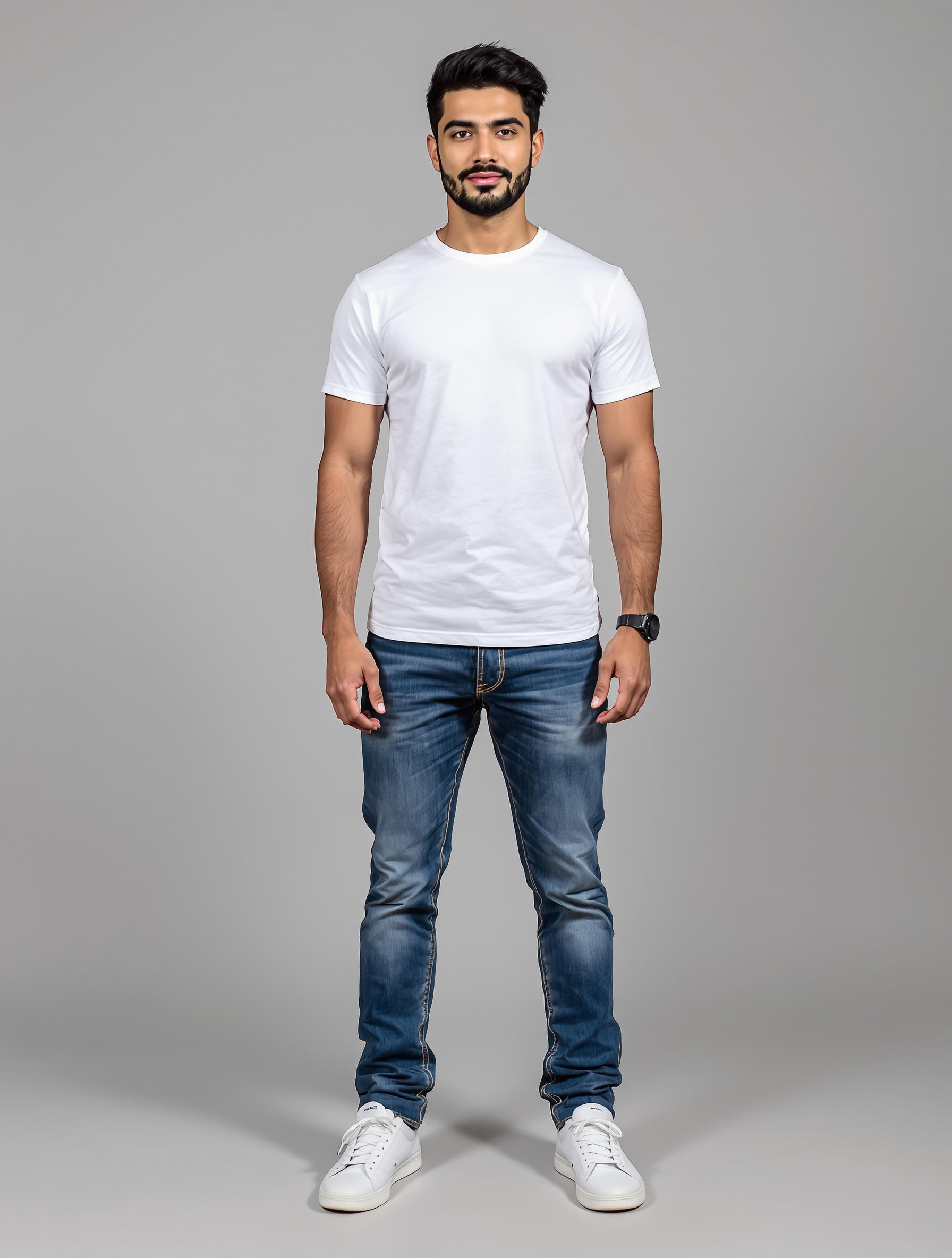 Man in white t-shirt and blue jeans standing against gray background