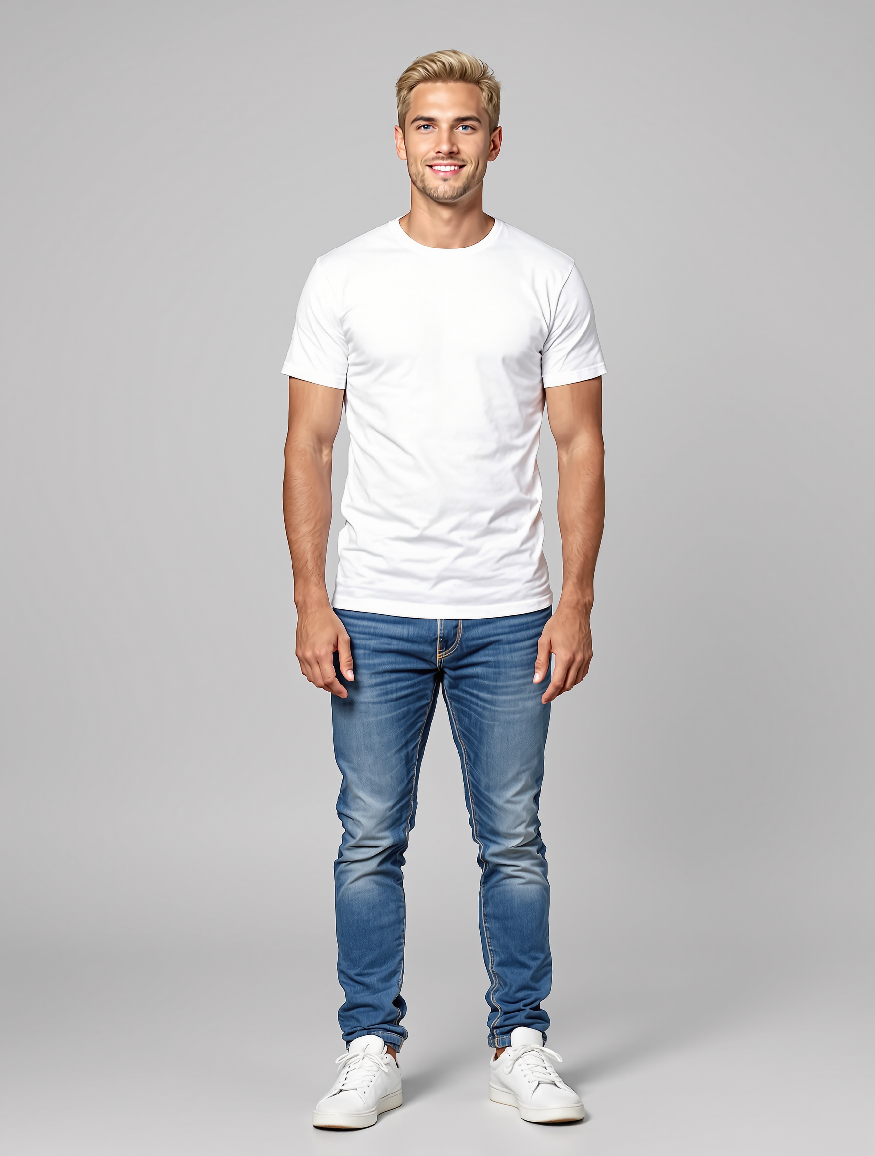 Man in white t-shirt and blue jeans standing against gray background
