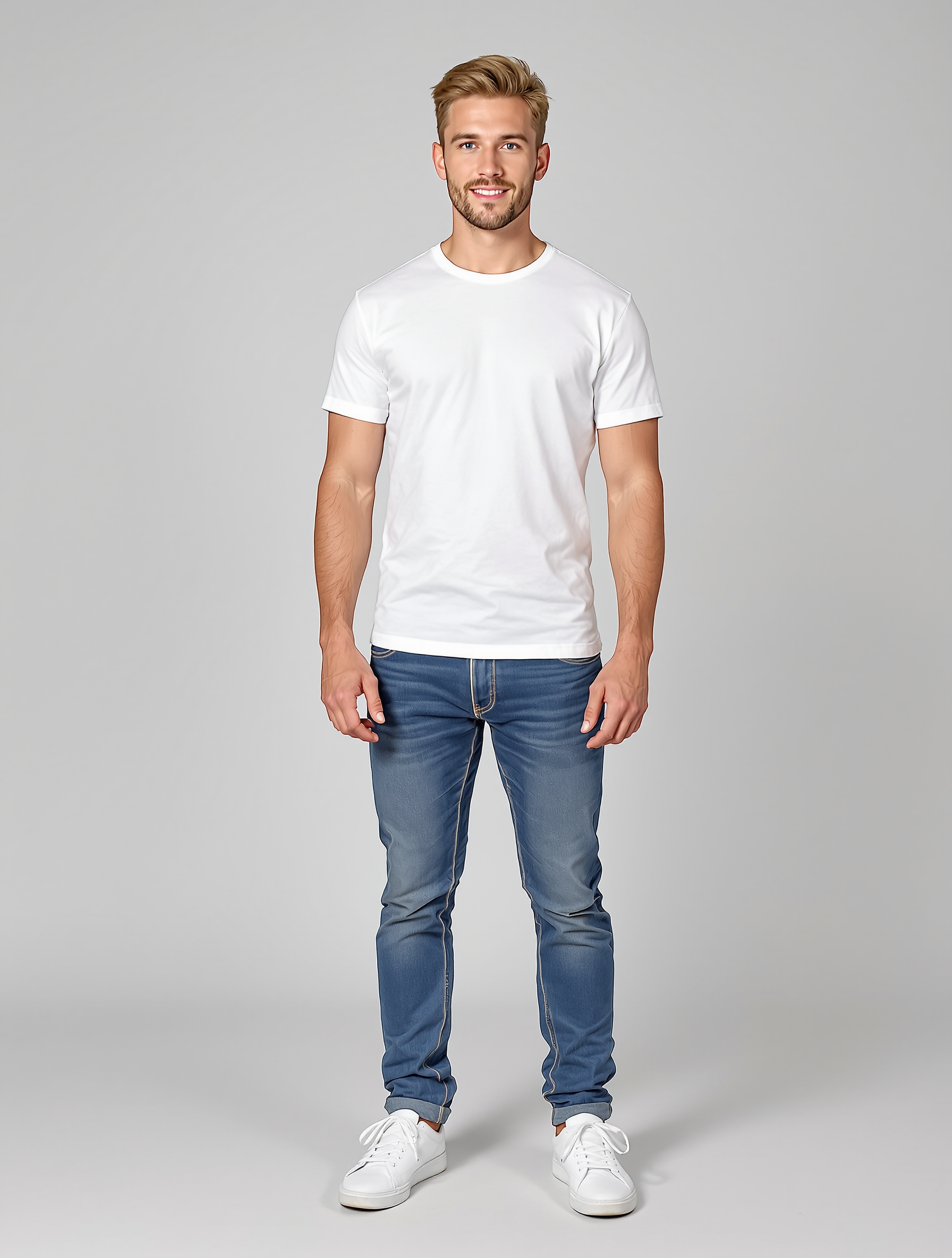 Man in white t-shirt and blue jeans standing against gray background