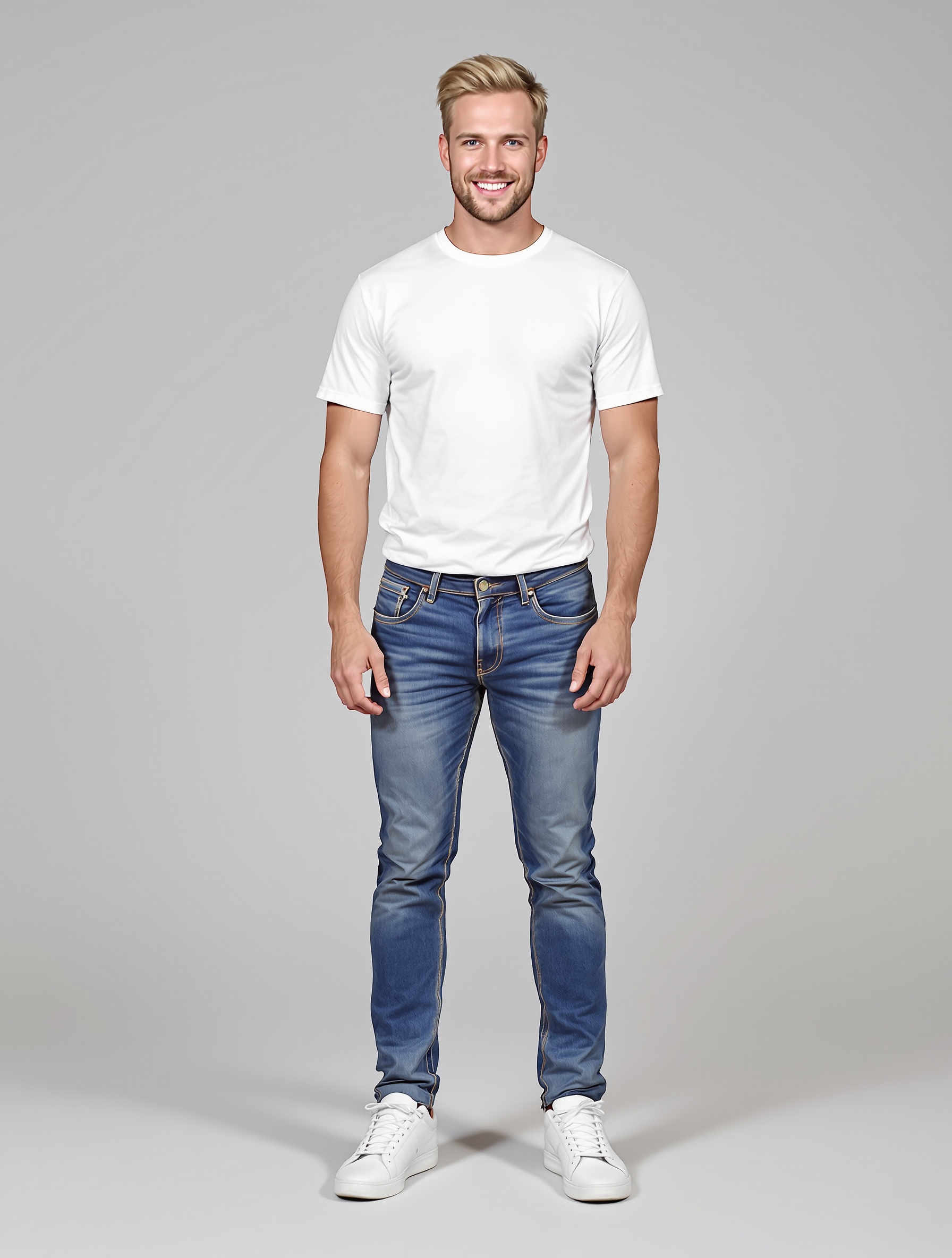 Man in white t-shirt and blue jeans standing against gray background
