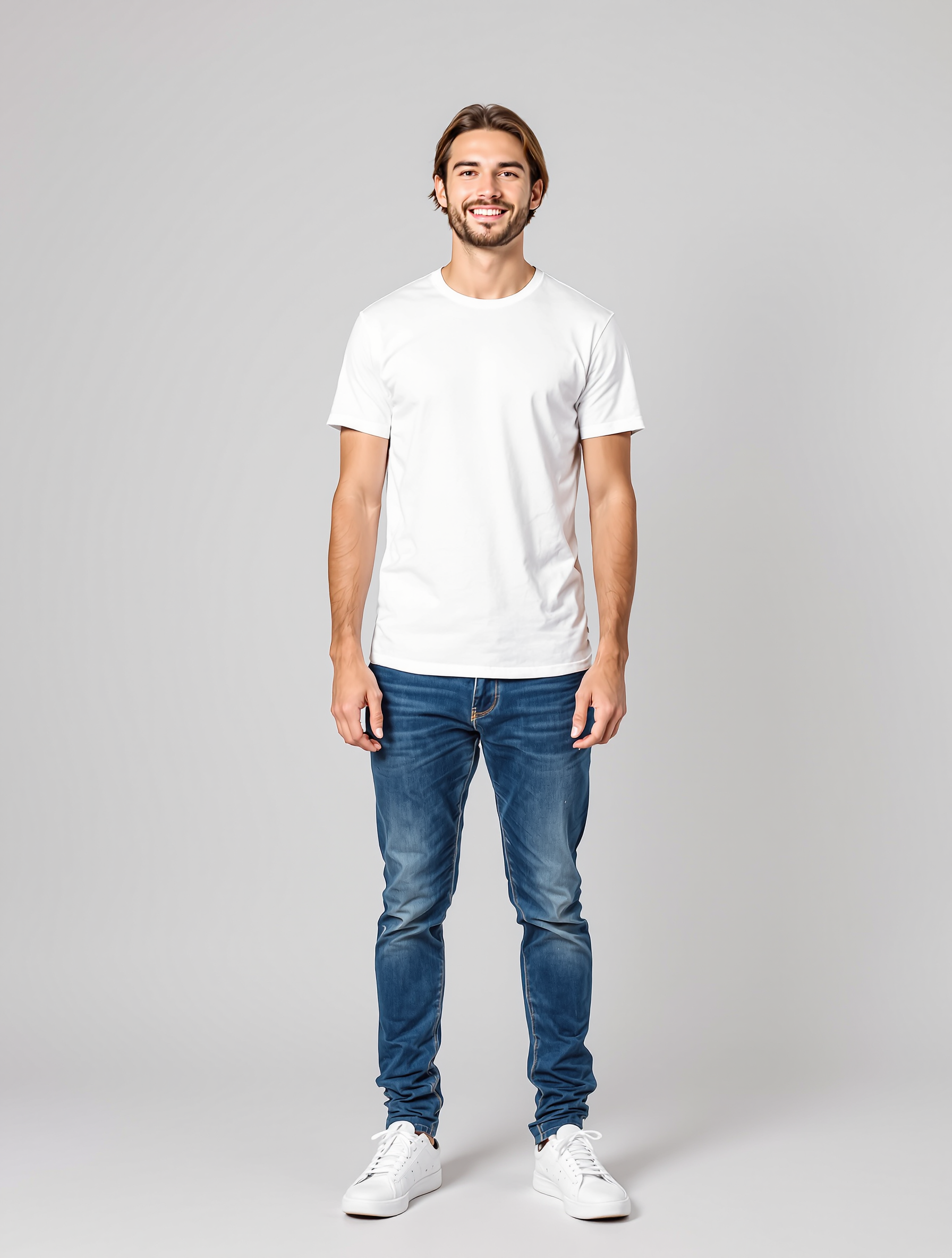 Man in white t-shirt and blue jeans standing against gray background