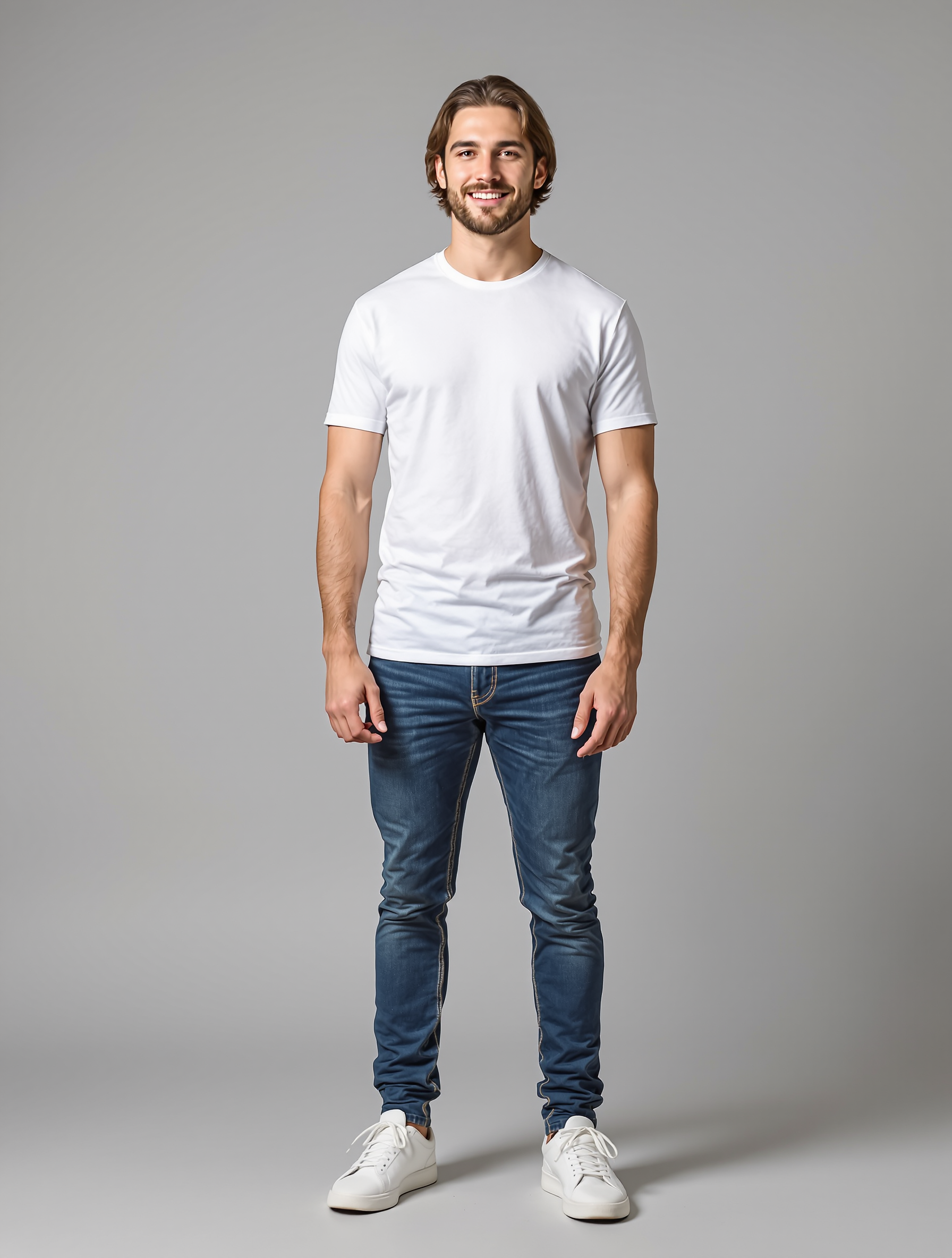 Man in white t-shirt and dark jeans standing portrait