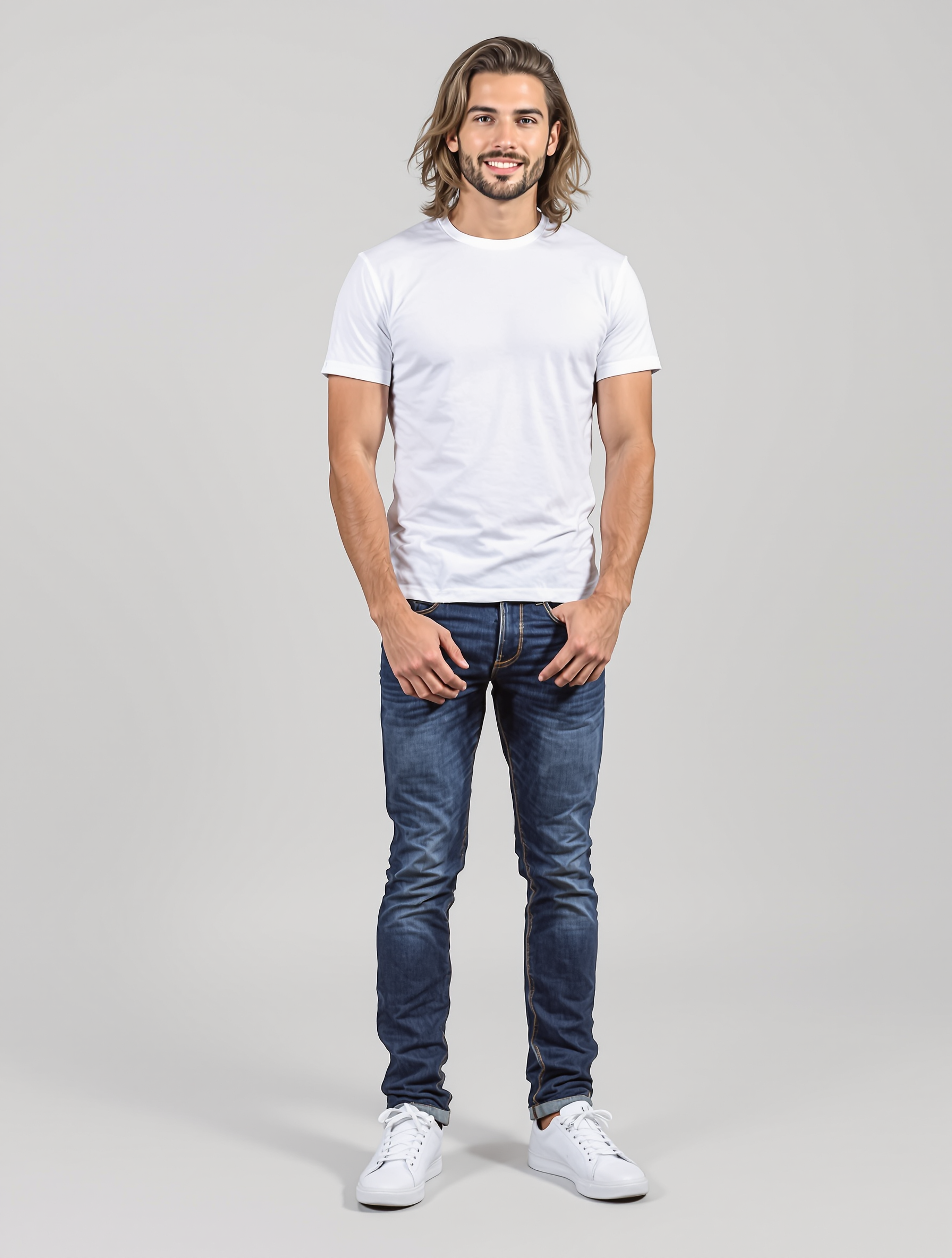 Man in white t-shirt and dark jeans standing against gray background