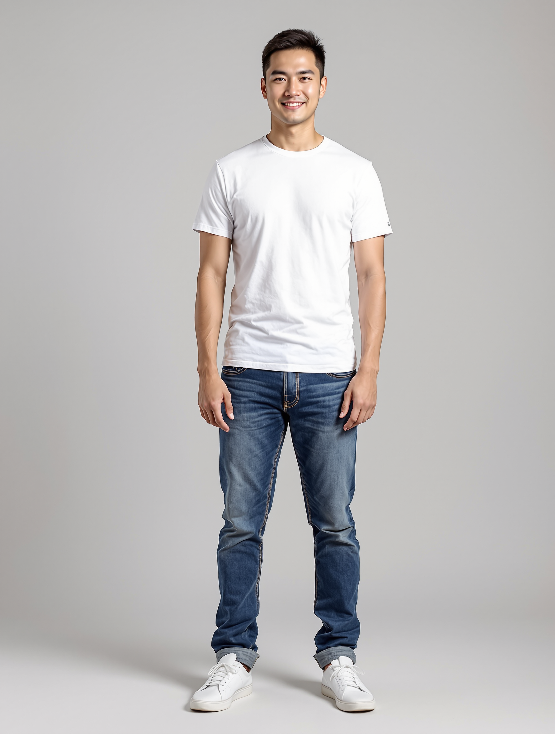 Man in white t-shirt and blue jeans standing against gray background