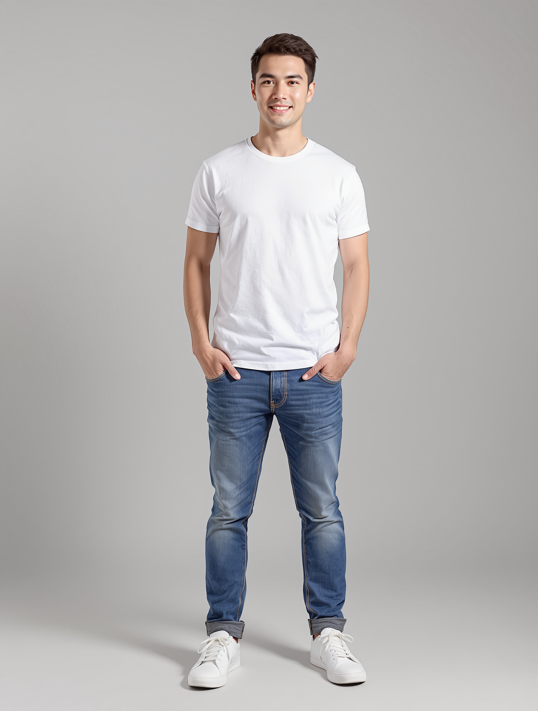 Young man in white tee and rolled denim jeans with white sneakers