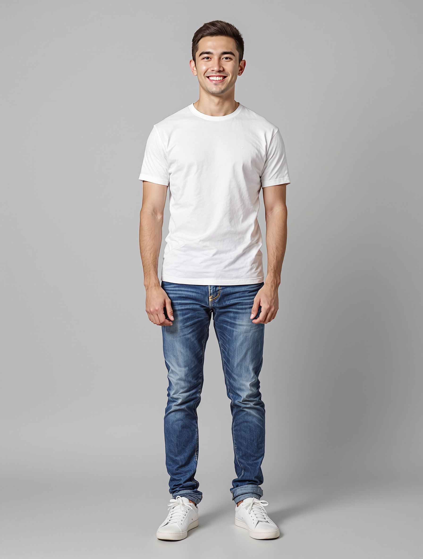 Man in white t-shirt and blue jeans smiling at camera