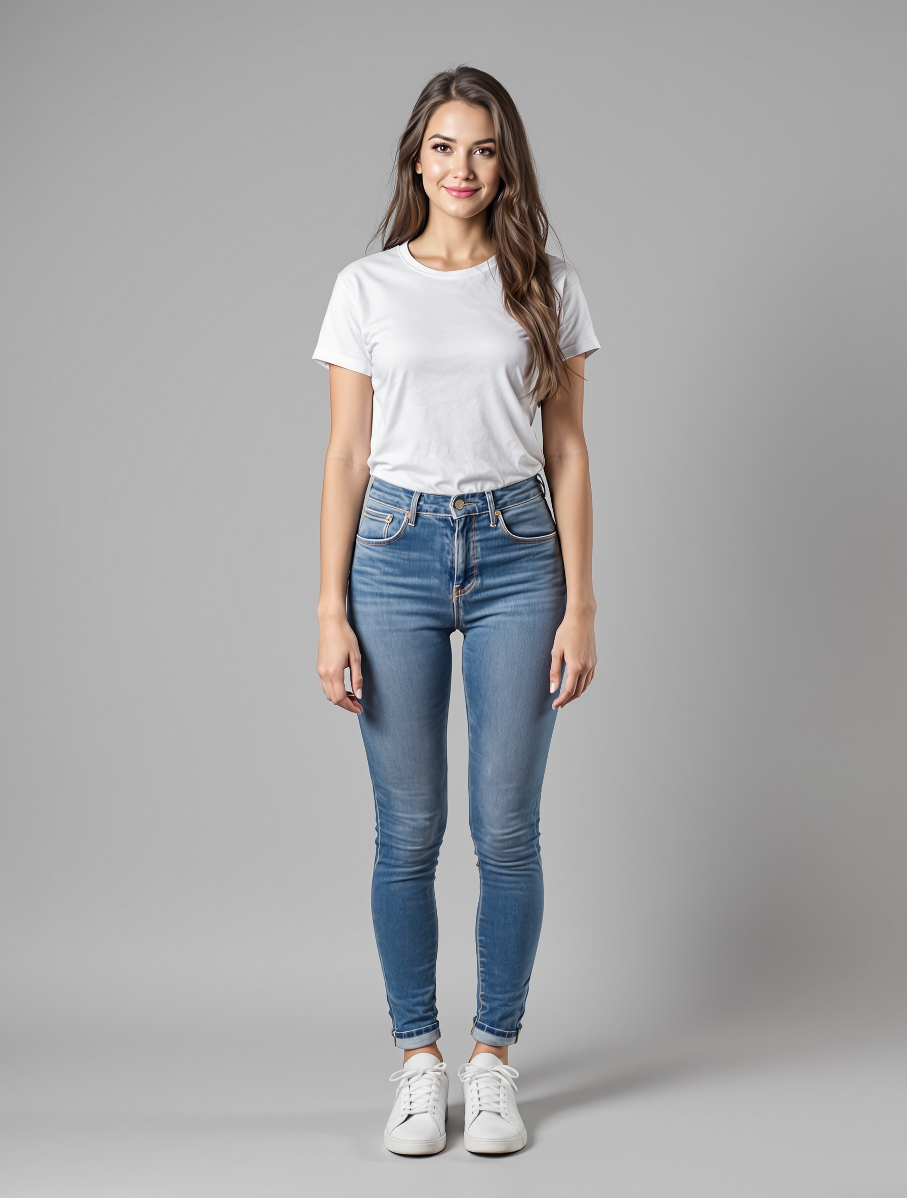 Woman in white tee and blue skinny jeans with white sneakers