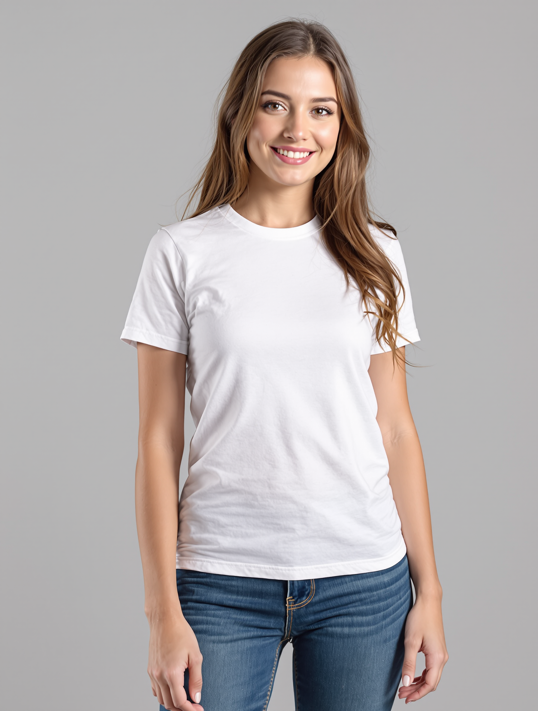 Woman in white crew neck t-shirt and dark jeans smiling