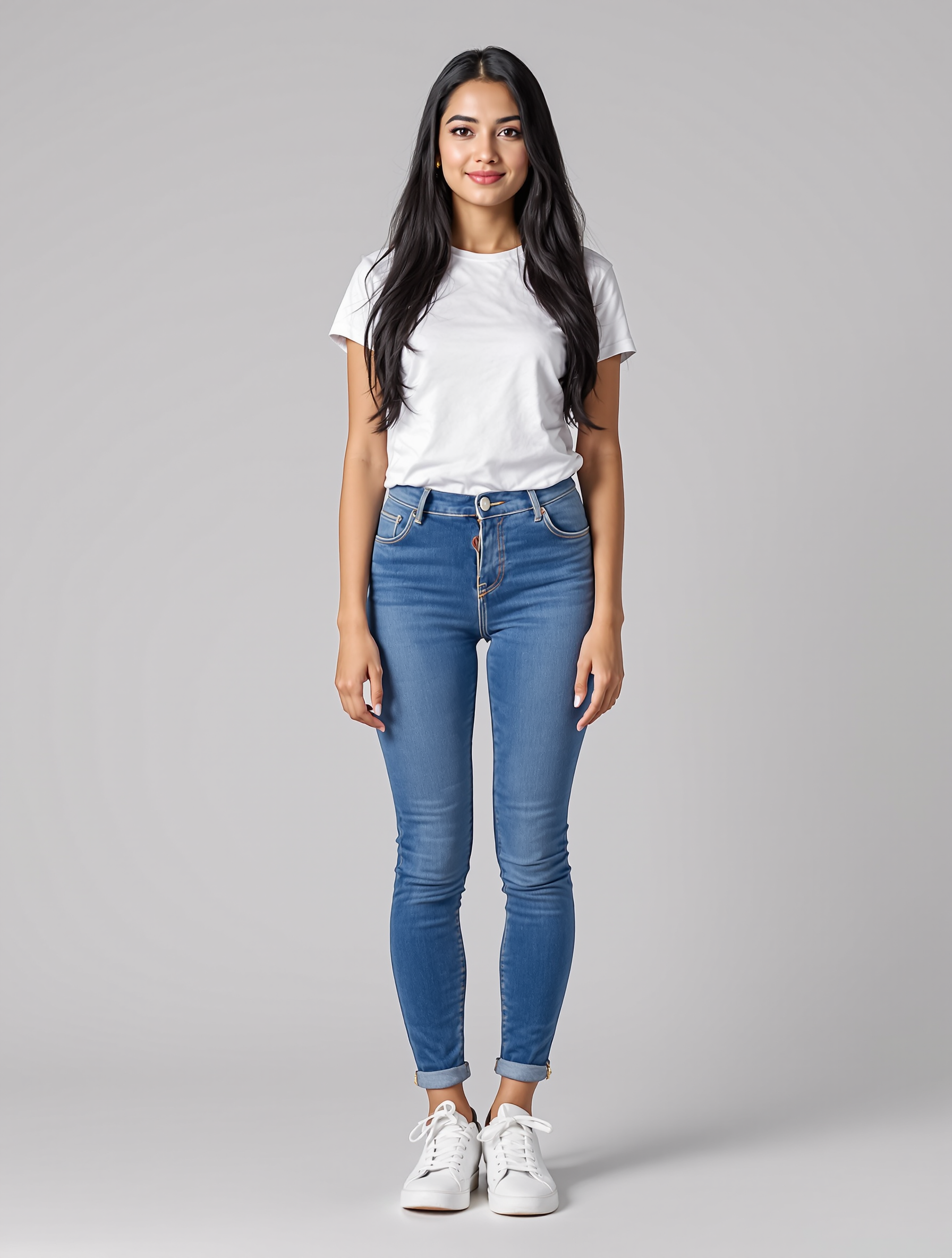 Woman in white t-shirt and rolled blue skinny jeans